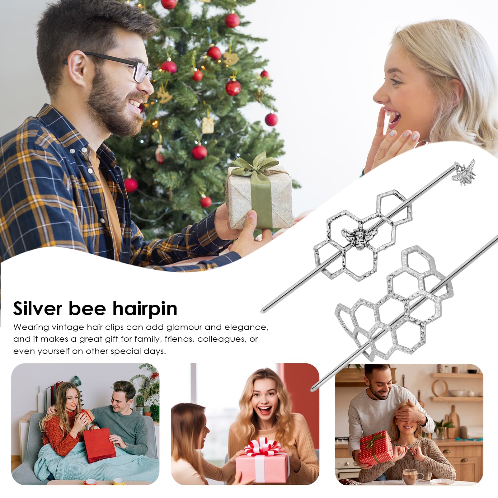 CAIRIAC Honeycomb Hair Clips Slide Hairpins, Minimalist Bee Hair Pin Barrette with Stick, Bee Lovers Gift Metal Hair Slide with Stick, Creative Hair Accessories for Women Girls Gifts (Silver) - 4
