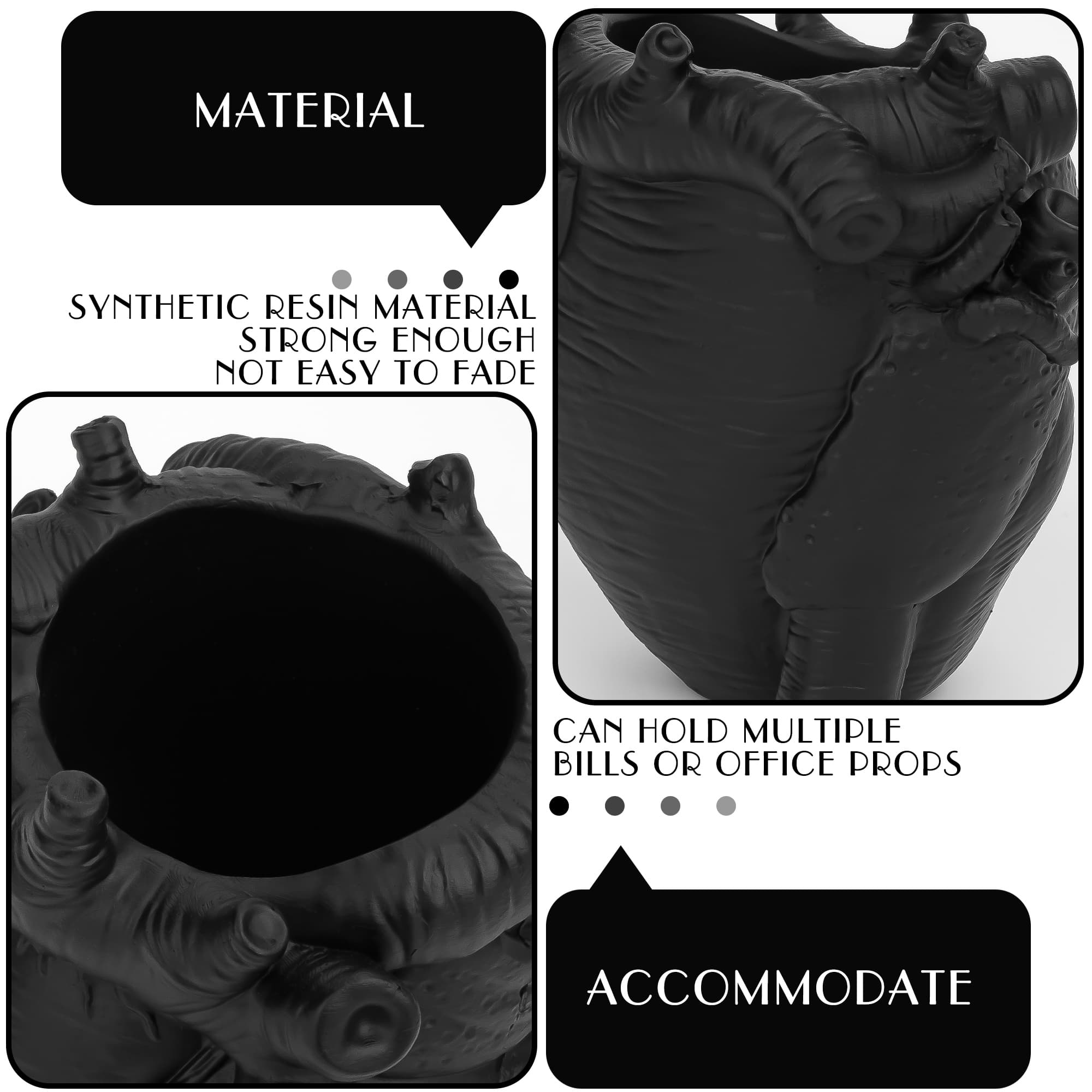 JANKOW Anatomical Heart Pencil Holder, Black Resin Organ-Shaped Pen Cup Desk Organizer, Realistic Human Heart Decor, Stable Base - 3
