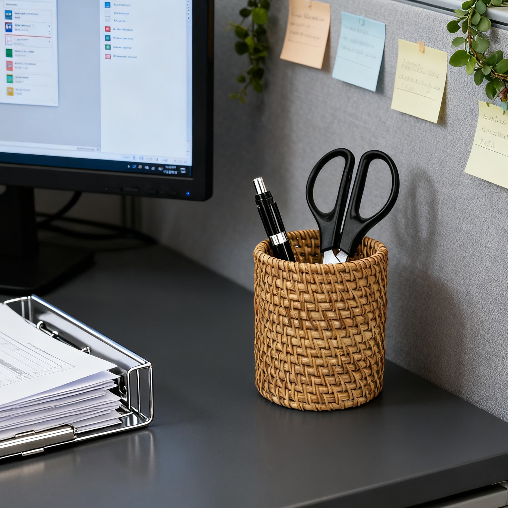 JANKOW Wicker Rattan Pencil Holder, Cylindrical Desk Organizer Cup, Natural Brown, for Office, Vanity, Kitchen, 1-Pack - 5