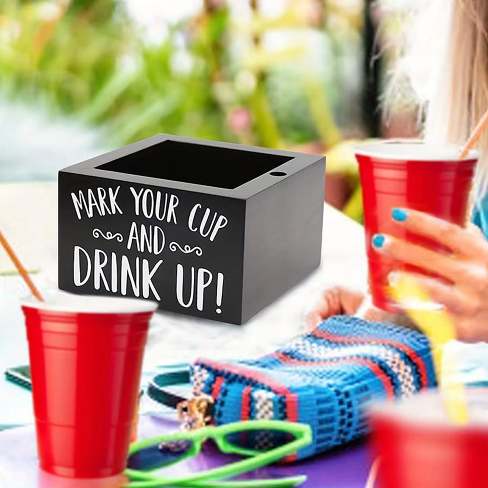 JANKOW Cup Holder with Marker Slot, Black Wood Disposable Cup Holder, Mark Your Cup and Drink Up Plastic Cup Organizer Drink Dispenser for Wedding Party Kitchen Decor - 4