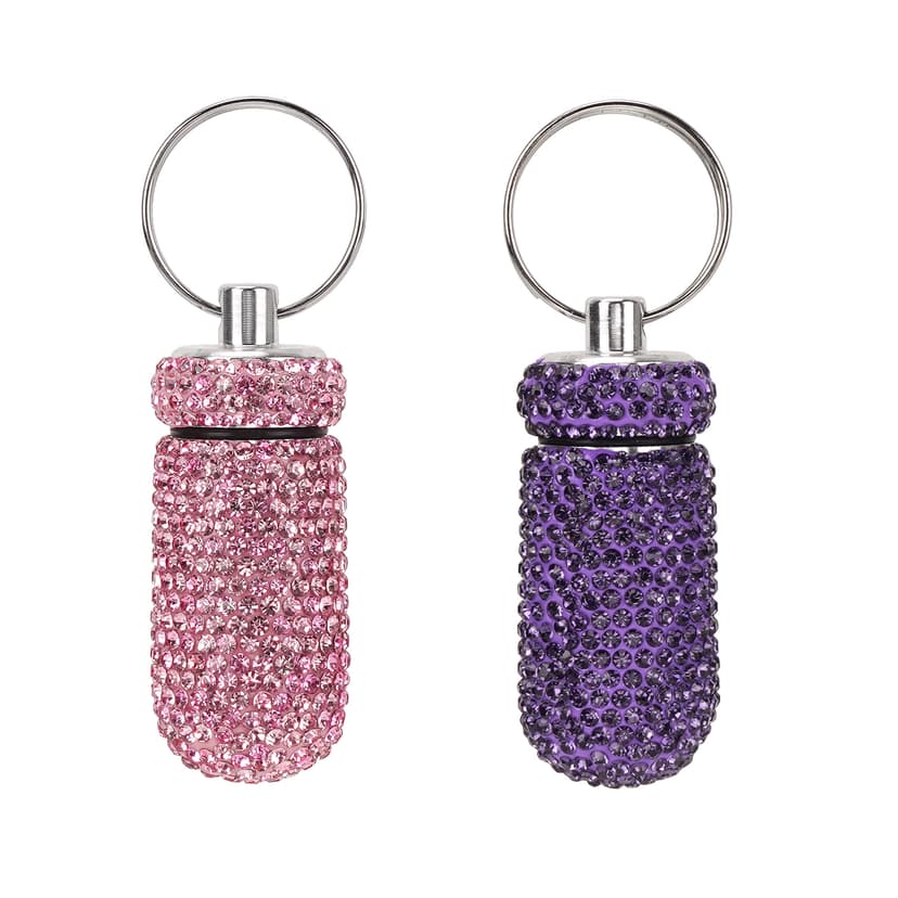 JANKOW 2 Pcs Bling Earplug Case, Waterproof Aluminum Pill Box Keychain with Rhinestones, Sparkling Mini Ear Plug Container for Sleeping, Concerts & Travel, Portable Jewelry Storage (Pink & Purple)