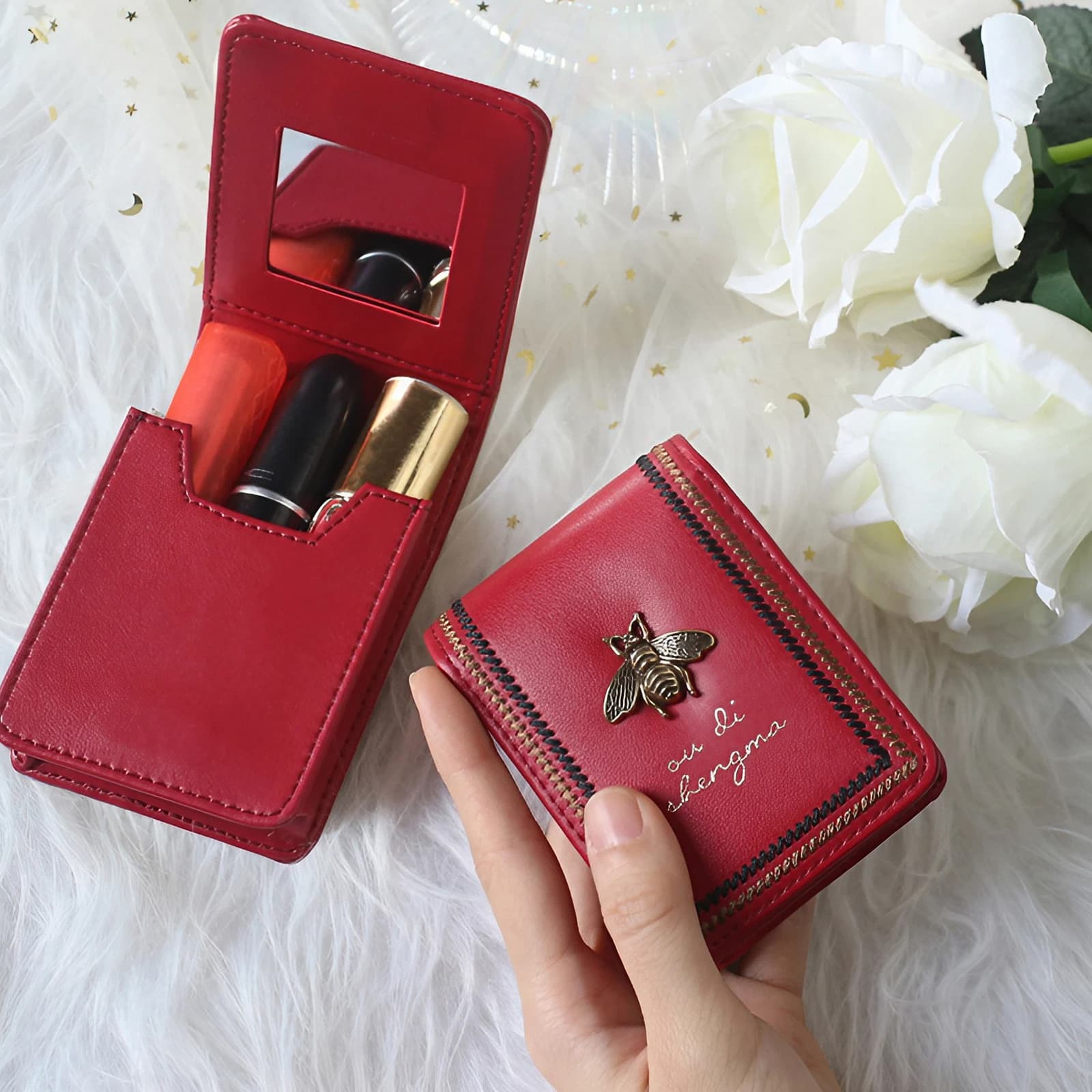JANKOW Lipstick Case with Mirror for Purse, Mini Holder Purse, Small Cosmetic Bag for Lipsticks, Travel Lipstick Pouch, Portable Makeup Cosmetic Pouch (1Pcs Red) - 5