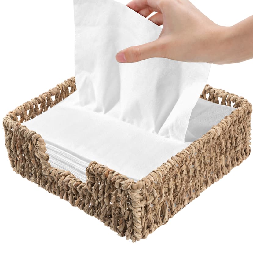 JANKINGS Square Seagrass Napkin Holder for Table - Hand-Woven Wicker Napkin Basket for Paper Napkins - Flat Guest Towel Holder for Kitchen, Dining Room, Boho Farmhouse Decor - 7.5 x 7.5 Inch
