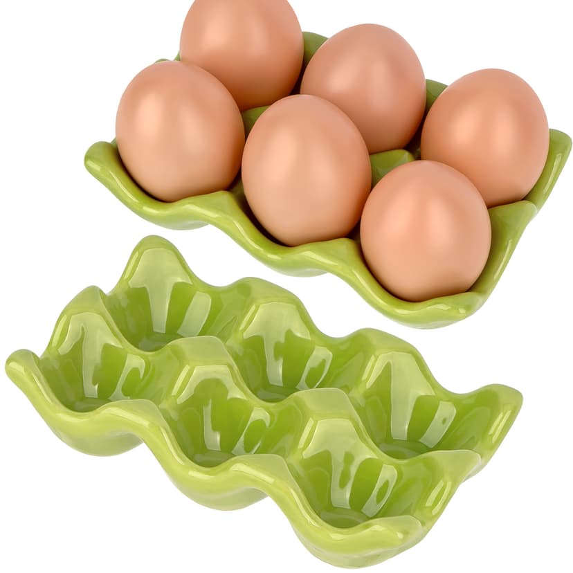JANKINGS Ceramic Egg Holder Trays, 2-Pack Green, 6-Slot Each (12 Eggs Total) — Countertop & Fridge Egg Cups Organizer, Glazed Stoneware Egg Rack