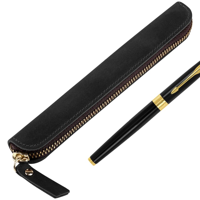 JANKINGS Crazy Horse Leather Zipper Pen Pouch Handmade, Single Pen Case Fountain Pen Sleeve Holder