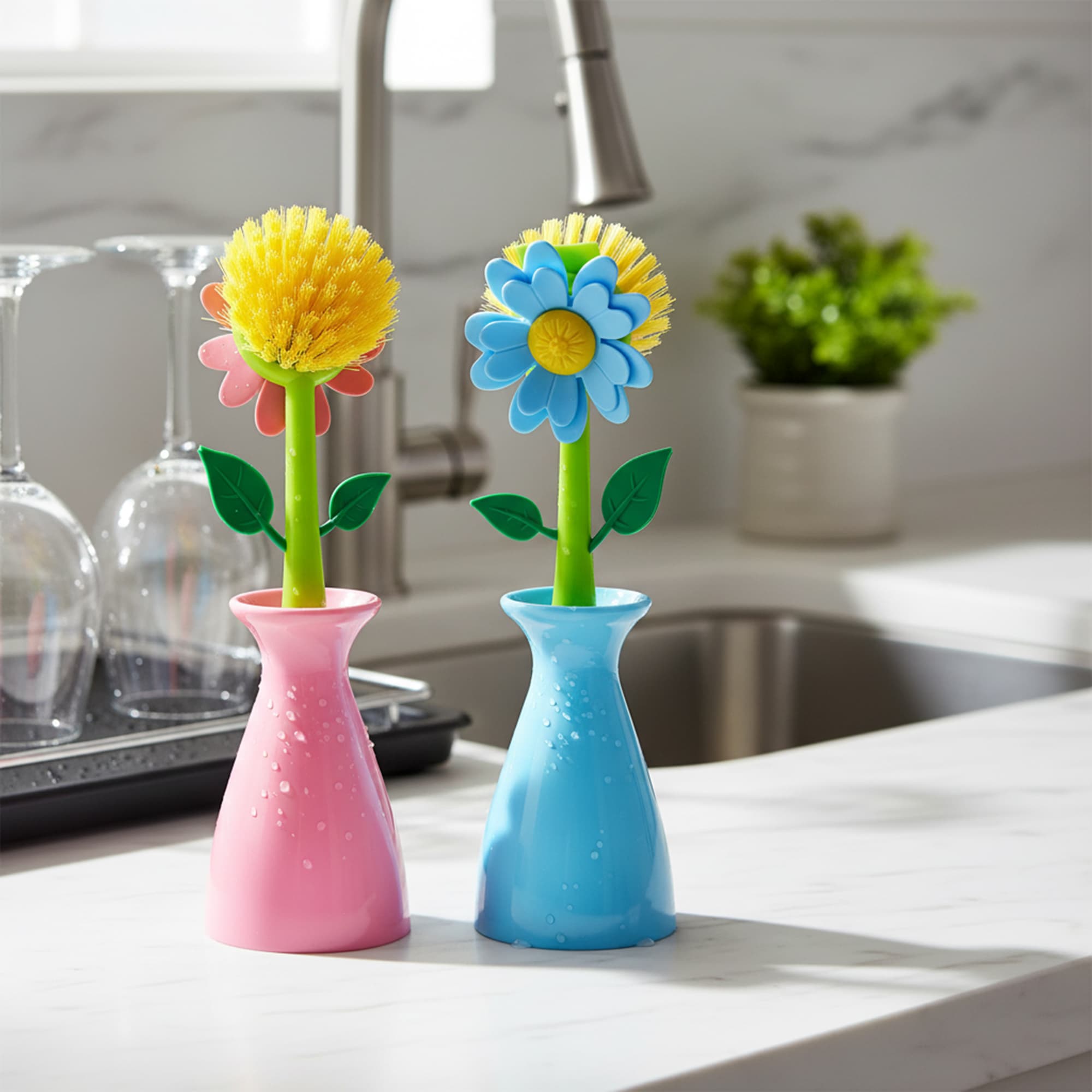 JANKOW Flower Dish Brush Set, 2-Pack (Blue & Pink), PP+TPR Kitchen Scrub Brushes with Upright Vase Holders, Non-Scratch Bristles for Dishes, Pots, Pans & Produce - 3
