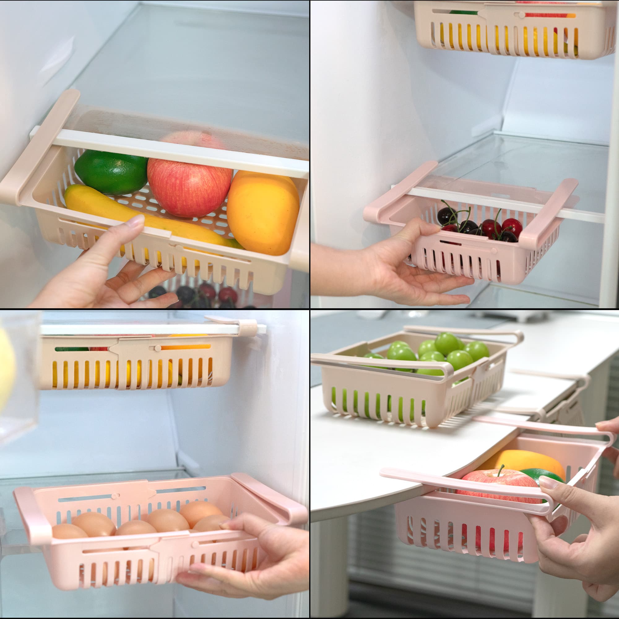 JANKOW Refrigerator Drawer Organizer 2 Packs Retractable Drawer Refrigerator Storage Box, Unique Design Pull Out Storage Box, Sliding Shelves Refrigerators Hanging Organizer( Pink Khaki ) - 3