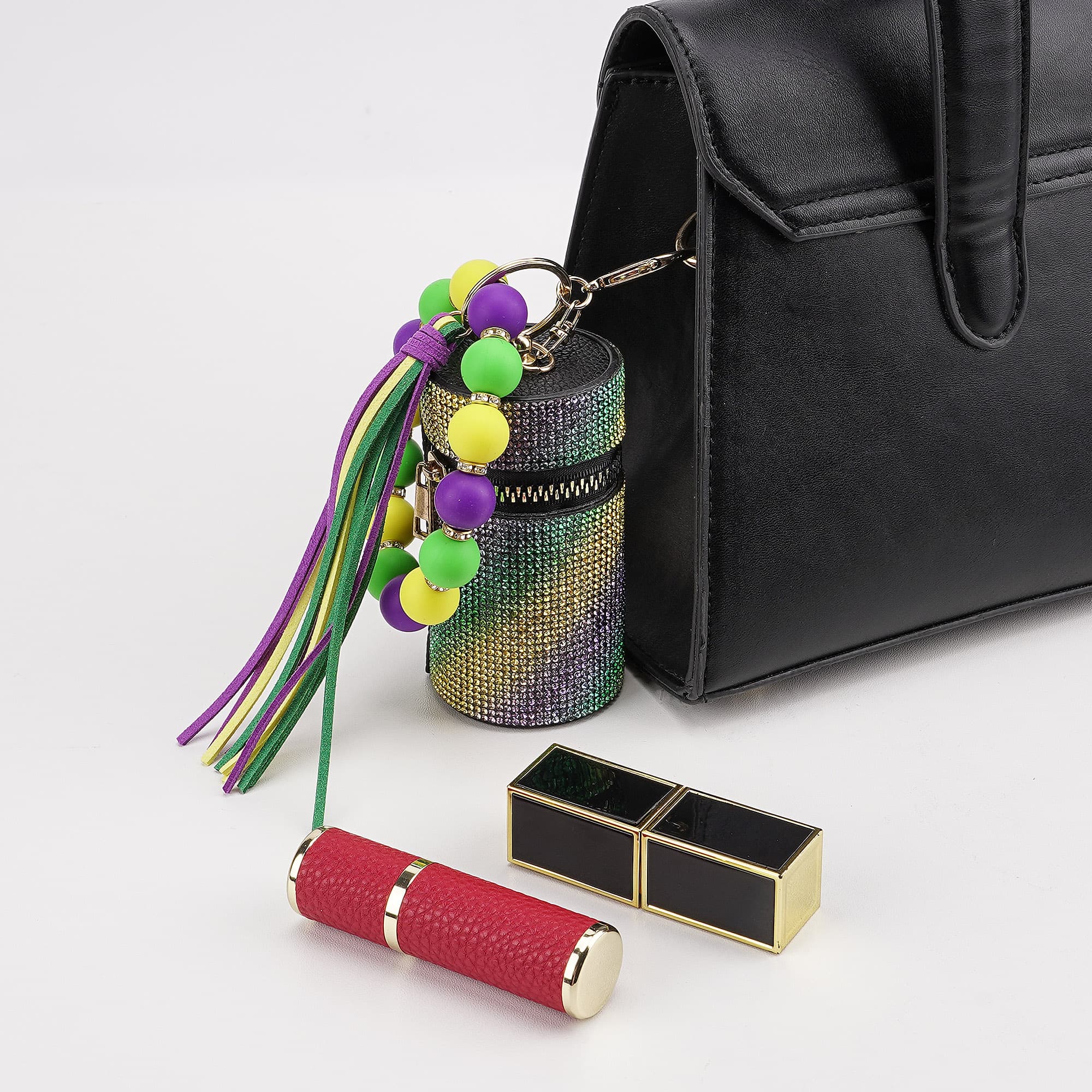 JANKOW Lipstick Keychain Holder Case, Lipstick Holders Keychain, Leather Diamond Lip Gloss Holder with Keychains for Purse - 4