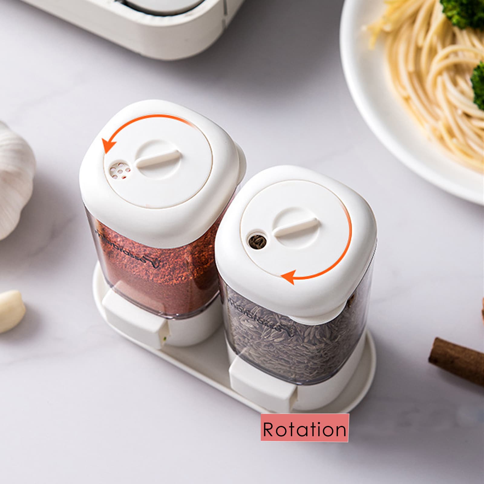 JANKOW Press-to-Dispense Salt & Pepper Shaker Set, Rotating Airtight Spice Dispensers with Base, Plastic Measured Seasoning Containers for Salt, Sugar, Cumin, Sesame – 1 Pack (2 Jars) - 3