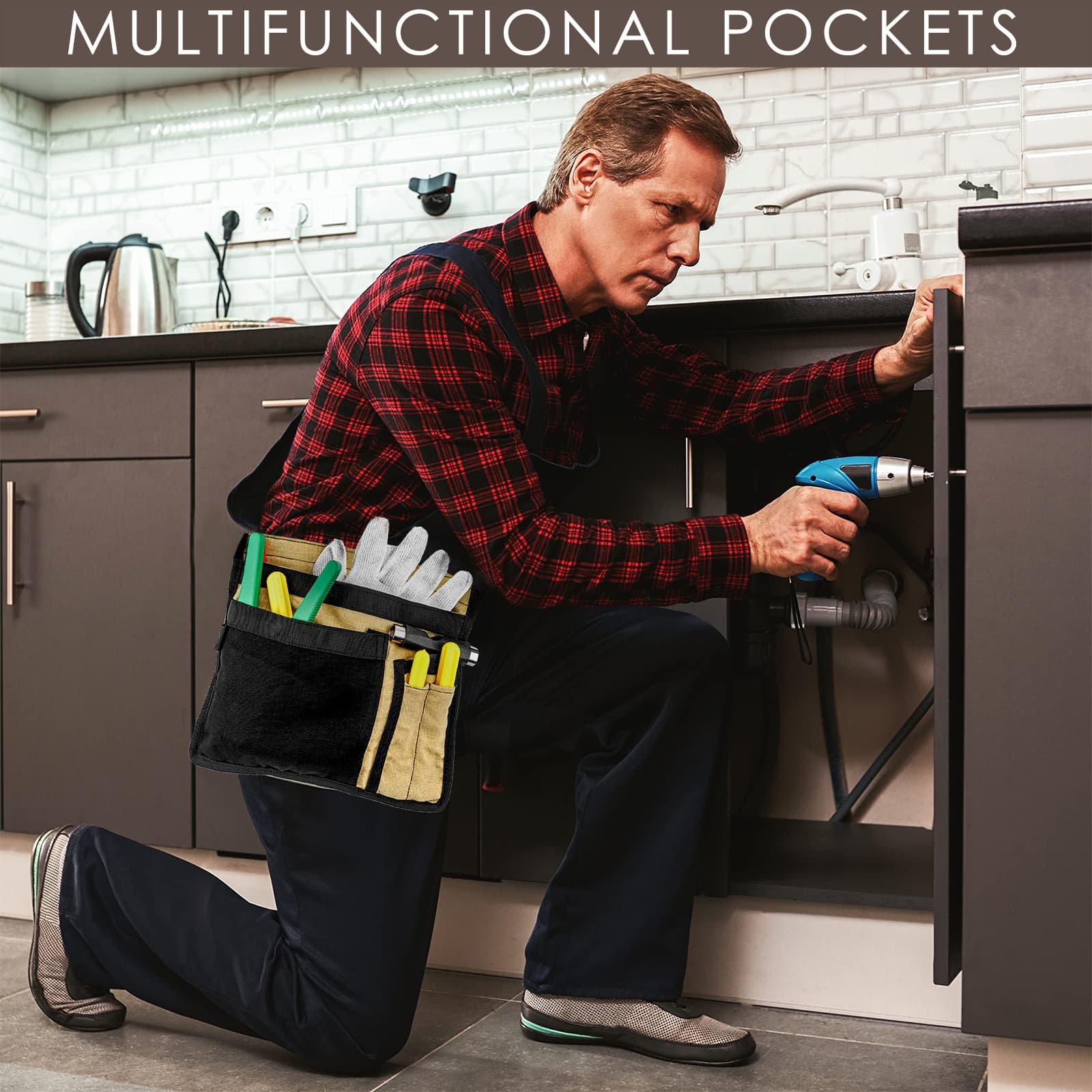 JANKOW Tool Pouch Belt, Utility Belt Bag with 5 Pockets, Tool Apron Pouch, Garden Tool Belt for Men and Women, for Carpenter, Electrician, and Mechanics. - 4