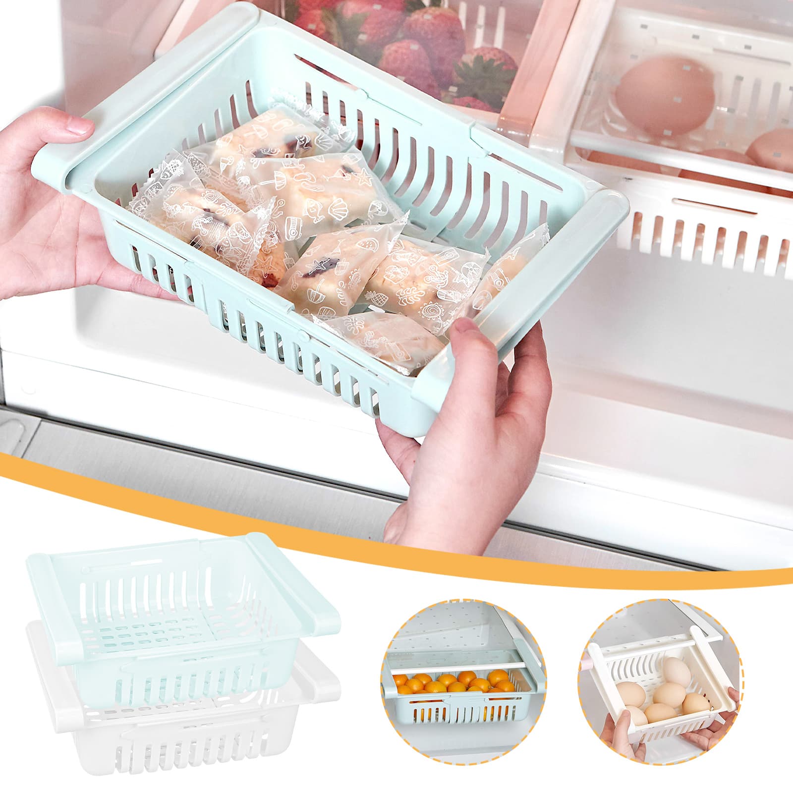 JANKOW Refrigerator Drawer Organizer 2 Packs Retractable Drawer Refrigerator Storage Box, Unique Design Pull Out Storage Box, Sliding Shelves Refrigerators Hanging Organizer( BlueWhite ) - 3