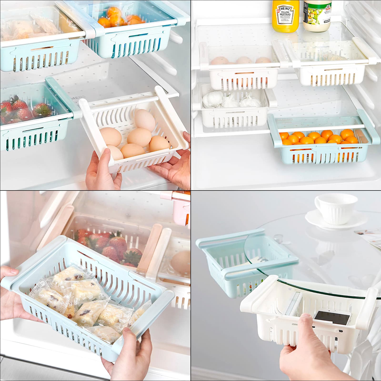 JANKOW Refrigerator Drawer Organizer 2 Packs Retractable Drawer Refrigerator Storage Box, Unique Design Pull Out Storage Box, Sliding Shelves Refrigerators Hanging Organizer( BlueWhite ) - 4