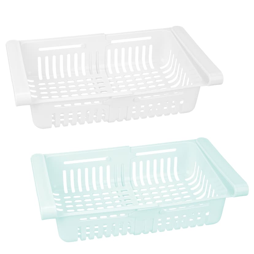 JANKOW Refrigerator Drawer Organizer 2 Packs Retractable Drawer Refrigerator Storage Box, Unique Design Pull Out Storage Box, Sliding Shelves Refrigerators Hanging Organizer( BlueWhite )