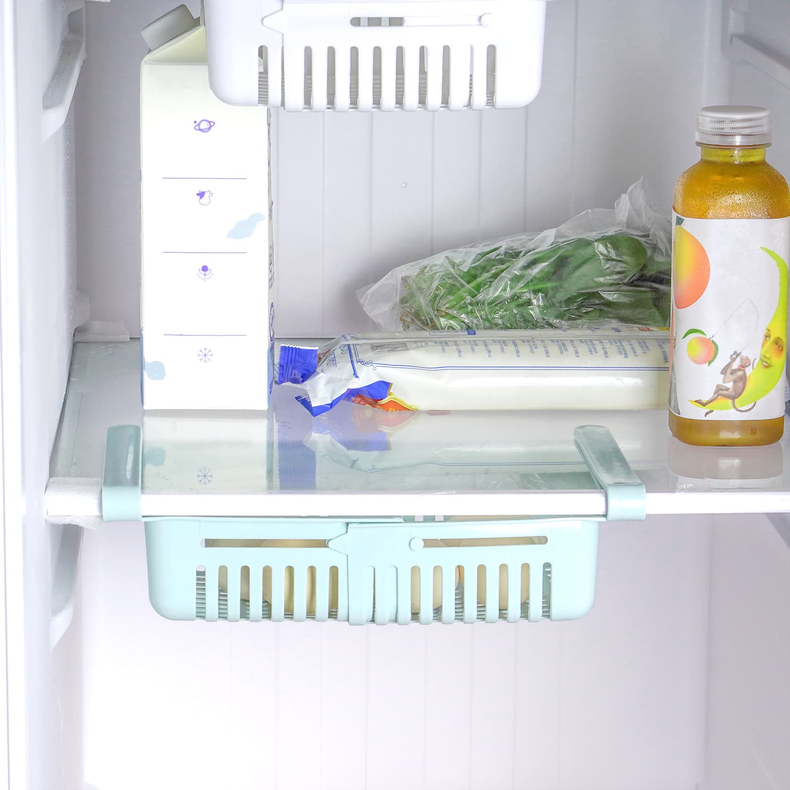 JANKOW Refrigerator Drawer Organizer 2 Packs Retractable Drawer Refrigerator Storage Box, Unique Design Pull Out Storage Box, Sliding Shelves Refrigerators Hanging Organizer( BlueWhite ) - 5