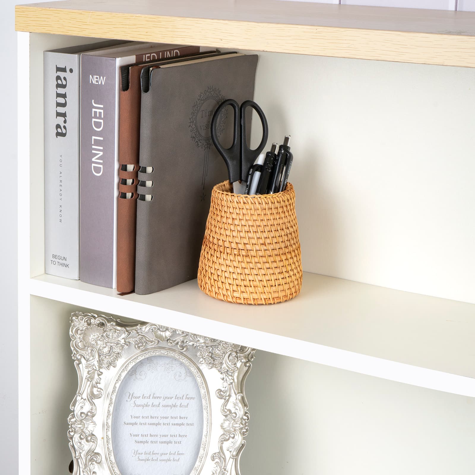 JANKOW Wicker Rattan Pencil Holder, Handwoven Natural Rattan Pen Cup Organizer, Natural Brown Desk Accessory for Office/Vanity/Kitchen, 1-Pack - 4
