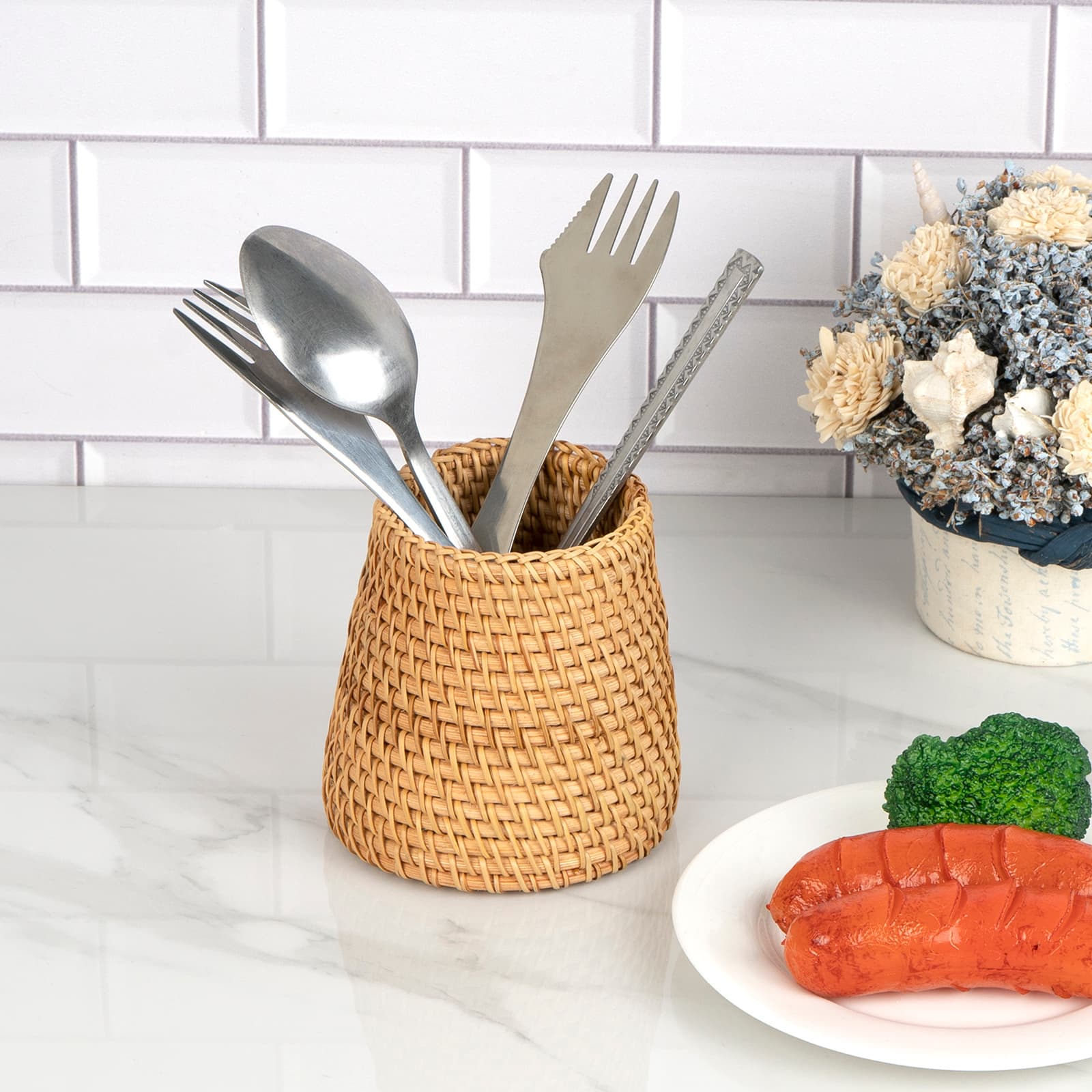 JANKINGS Handwoven Rattan Utensil Holder, Cooking Utensil Holder for Countertop, Tapered Cutlery Caddy, Natural Log Color, 1 Pack - 5