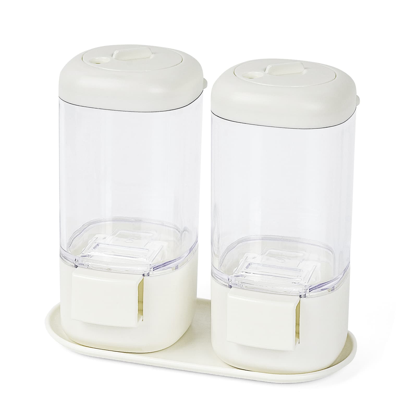 JANKOW Press-to-Dispense Salt & Pepper Shaker Set, Rotating Airtight Spice Dispensers with Base, Plastic Measured Seasoning Containers for Salt, Sugar, Cumin, Sesame – 1 Pack (2 Jars) - 2