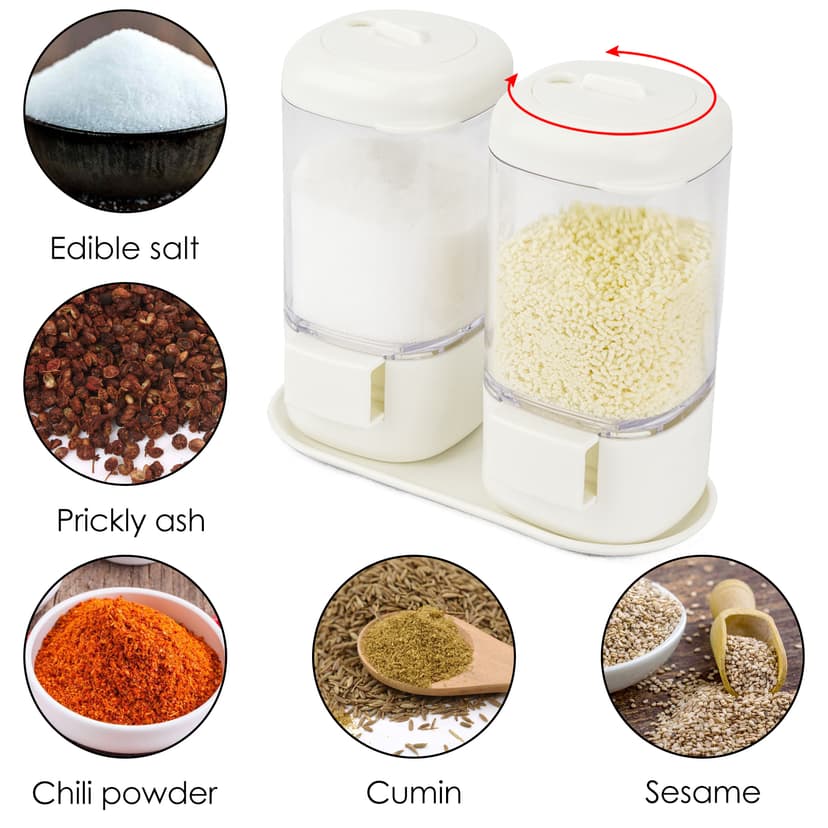 JANKOW Press-to-Dispense Salt & Pepper Shaker Set, Rotating Airtight Spice Dispensers with Base, Plastic Measured Seasoning Containers for Salt, Sugar, Cumin, Sesame – 1 Pack (2 Jars)