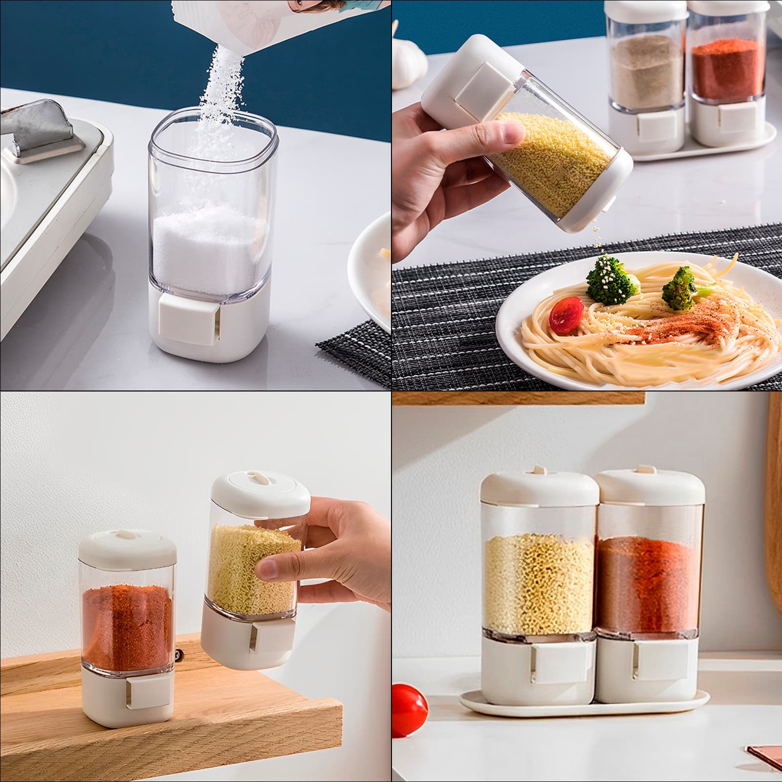 JANKOW Press-to-Dispense Salt & Pepper Shaker Set, Rotating Airtight Spice Dispensers with Base, Plastic Measured Seasoning Containers for Salt, Sugar, Cumin, Sesame – 1 Pack (2 Jars) - 5