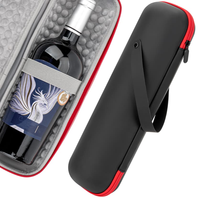 JANKINGS EVA Hard Shell Single Wine Bottle Travel Case, PU Carrying Bag with Handle, Shock-Absorbing Lining, Fits Most 750 ml Bottles, Black with Red Zipper, 1 Pack