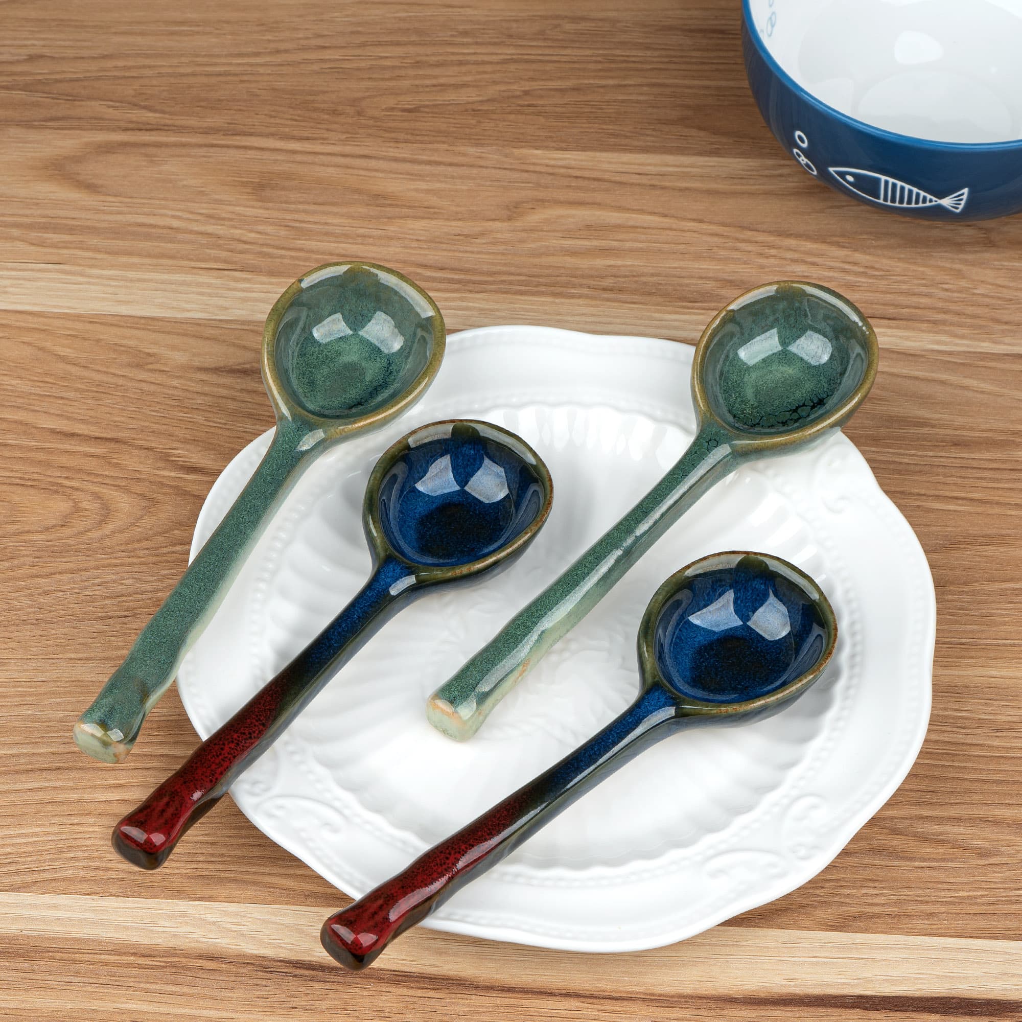 JANKOW 4 Pack Japanese Ceramic Soup Spoons - Hand-Painted Retro Porcelain Spoons with Long Handle - Asian Soup Spoon Set - 4