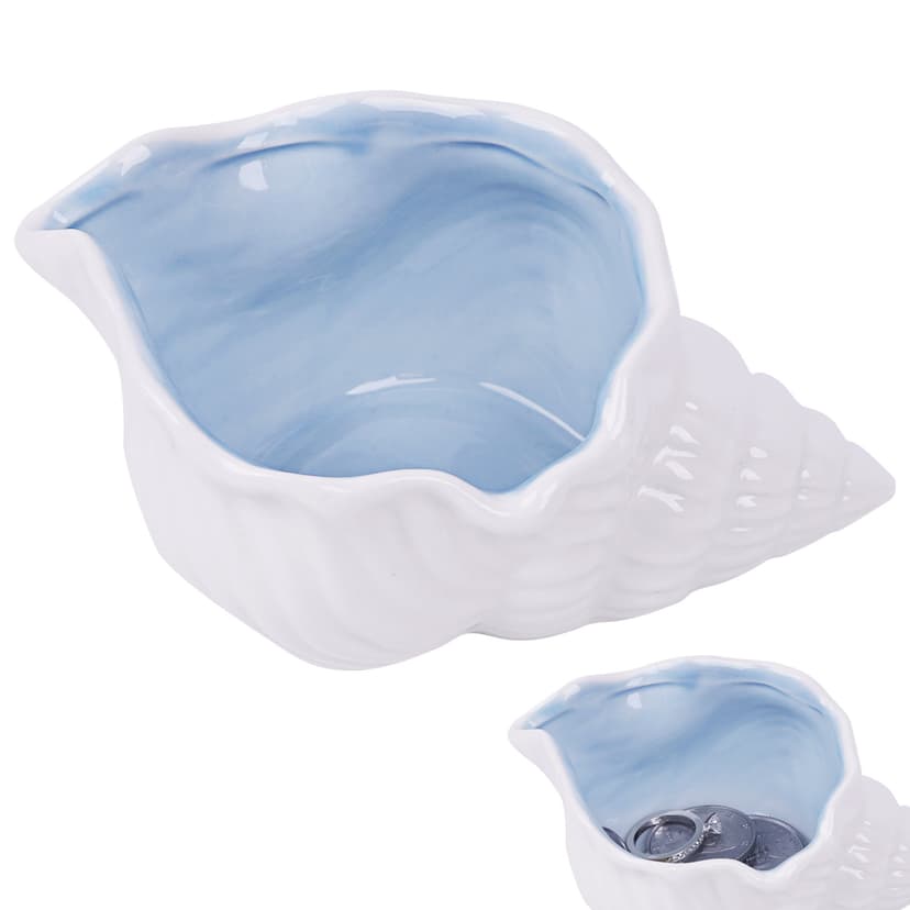 JANKOW Ceramic Conch Shell Jewelry Tray, White & Blue Seashell Trinket Dish for Rings, Earrings & Keys, Desktop Organizer, 1-Pack
