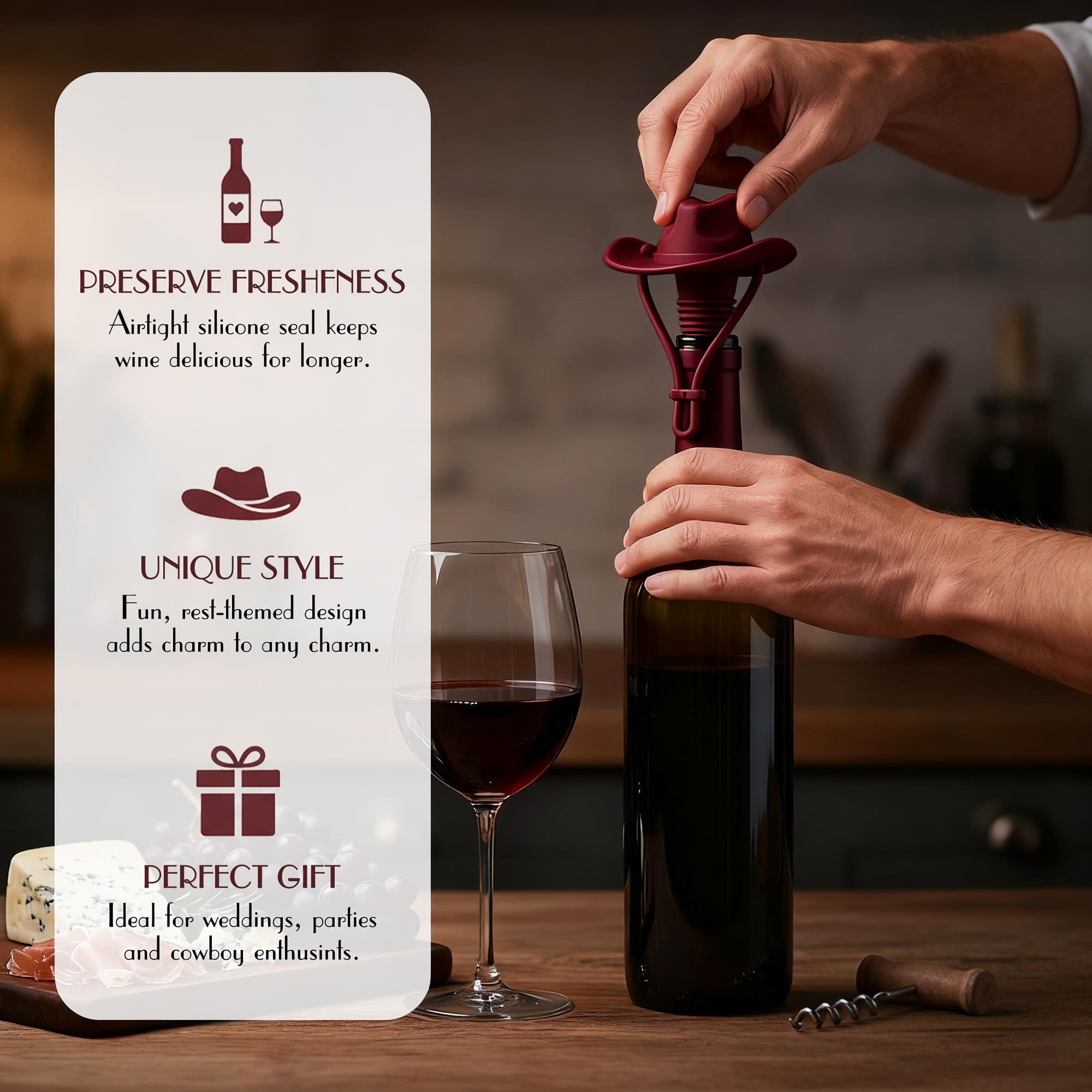 JANKINGS Silicone Cowboy Hat Wine Stoppers, Wine Red, 2 Pack – Reusable Tapered Bottle Sealers for Standard Wine Bottles, Fun Western Novelty Wine Accessories - 3