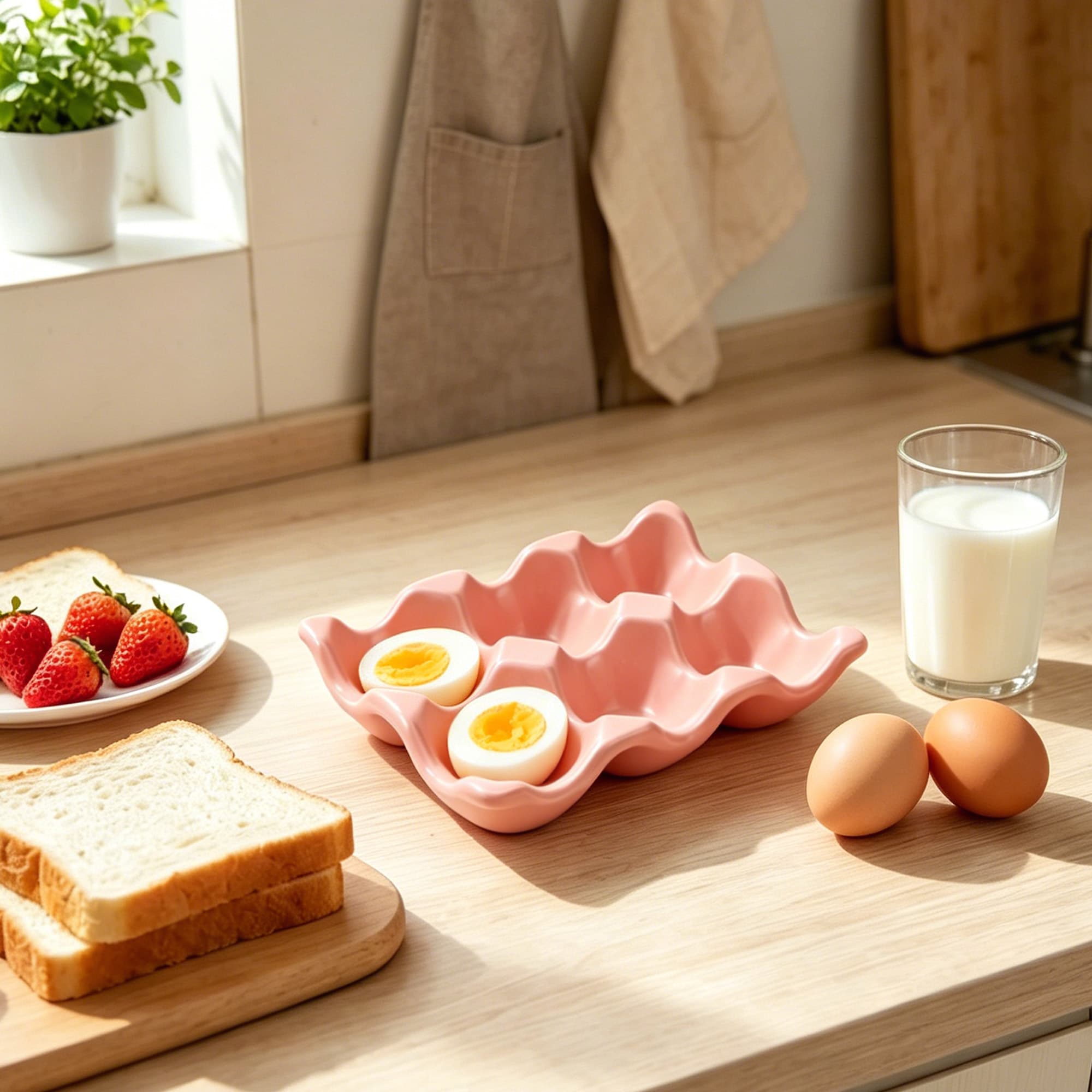 JANKINGS Ceramic Egg Holder Trays, 2-Pack Pink, 6-Slot Each (12 Eggs Total) — Countertop & Fridge Egg Cups Organizer, Glazed Stoneware Egg Rack - 4