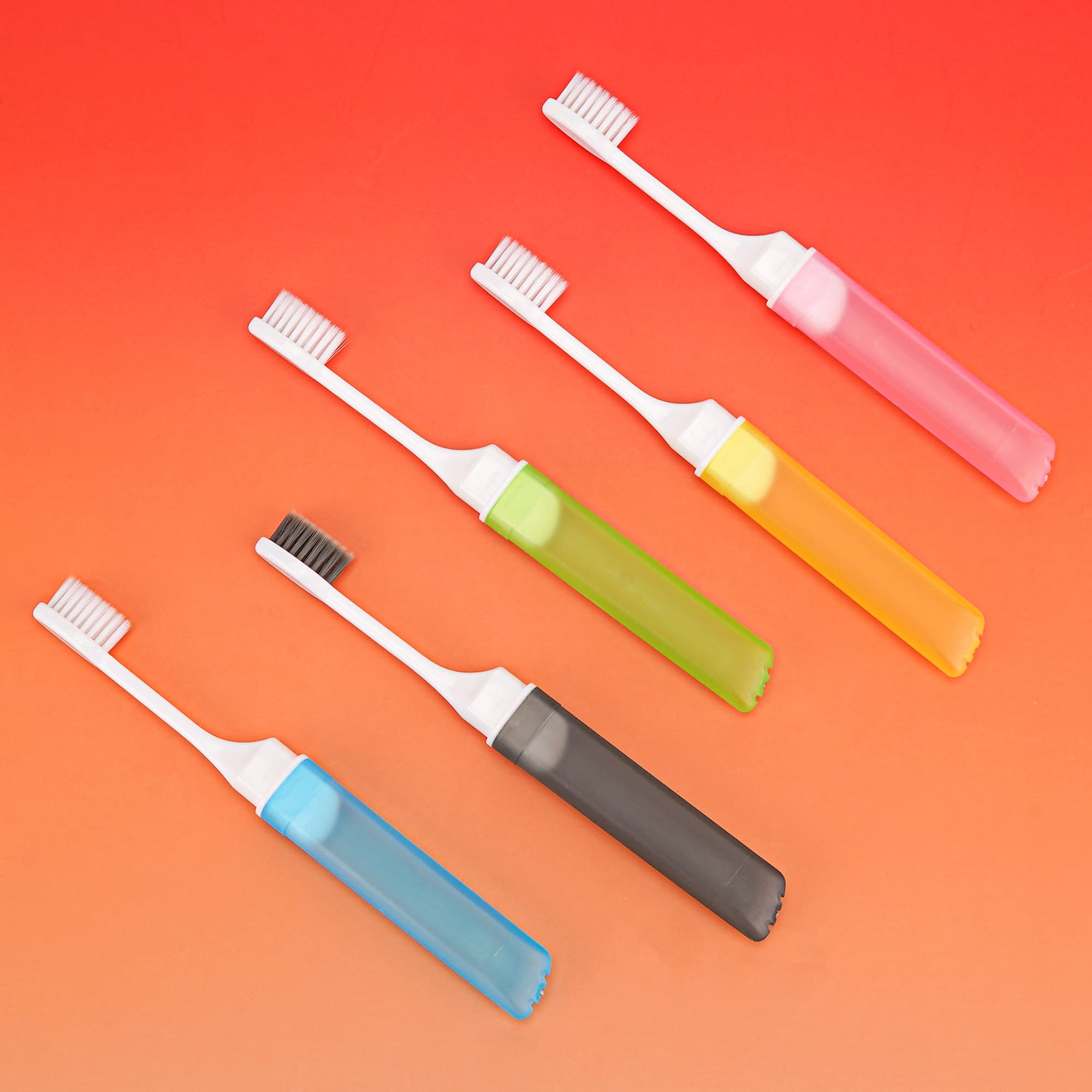 JANKOW Portable Folding Disposable Toothbrush, 5-Pack Travel Toothbrushes with Hygienic Caps, Plastic, Blue/Green/Black/Yellow/Pink – Compact for Travel, Office, Gym, Camping - 10