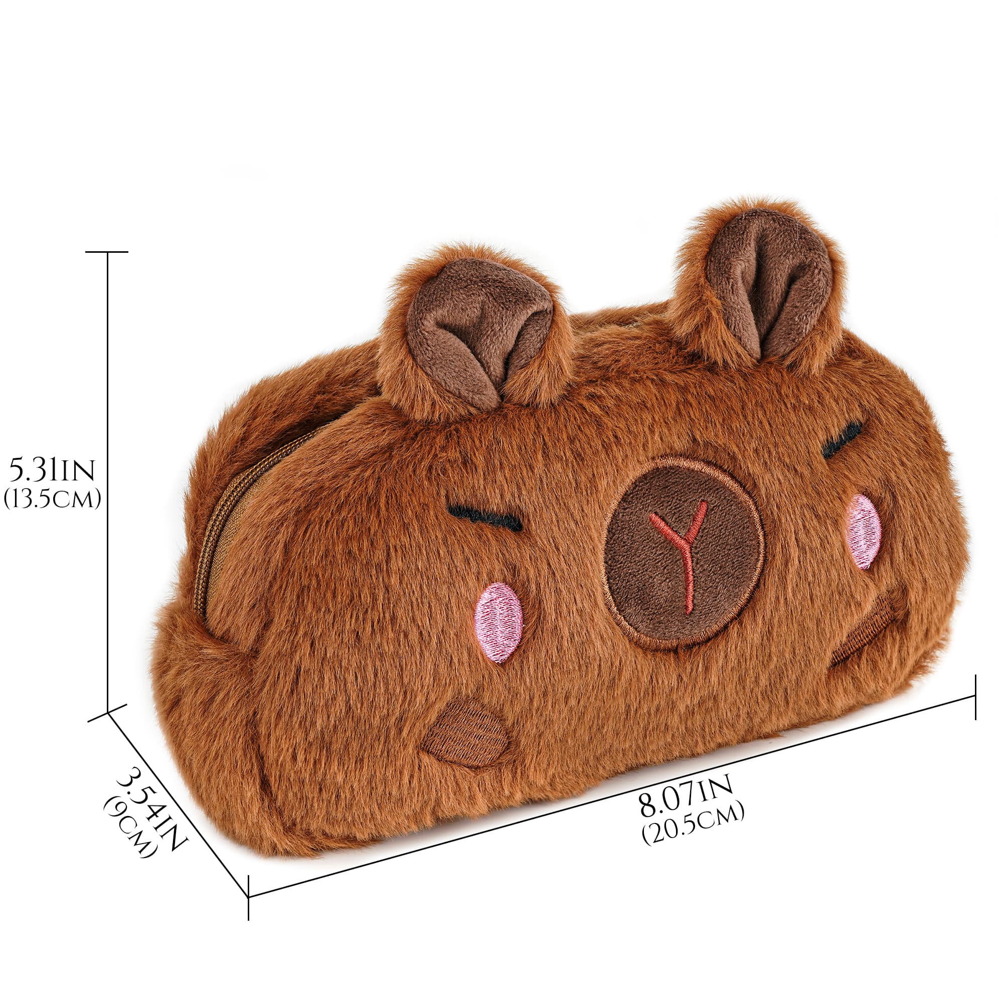 JANKOW Cute Capybara Plush Pencil Case with Blushing Cheeks, Brown Furry Zipper Pen Pouch, Kawaii Stationery Bag for Office, Large Capacity, 1-Pack - 1