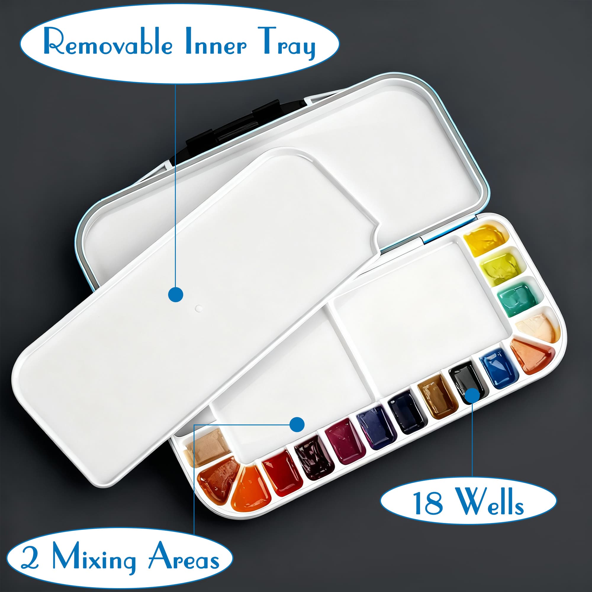 JANKINGS Long Watercolor Palette with Lid, Plastic Mixing Paint Tray for Watercolor/Gouache, Slim Travel Paint Palette, Blue & White, 1 Pack - 2