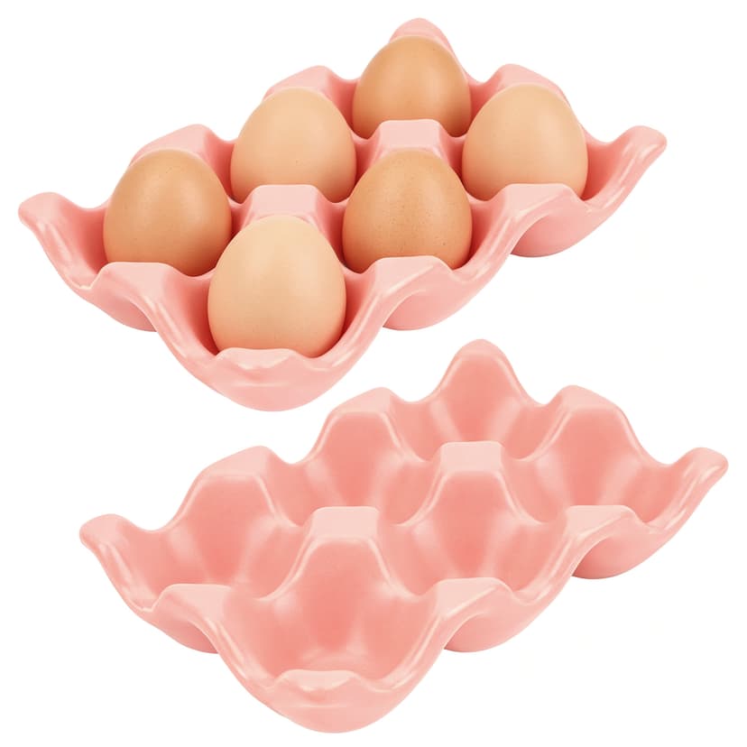 JANKINGS Ceramic Egg Holder Trays, 2-Pack Pink, 6-Slot Each (12 Eggs Total) — Countertop & Fridge Egg Cups Organizer