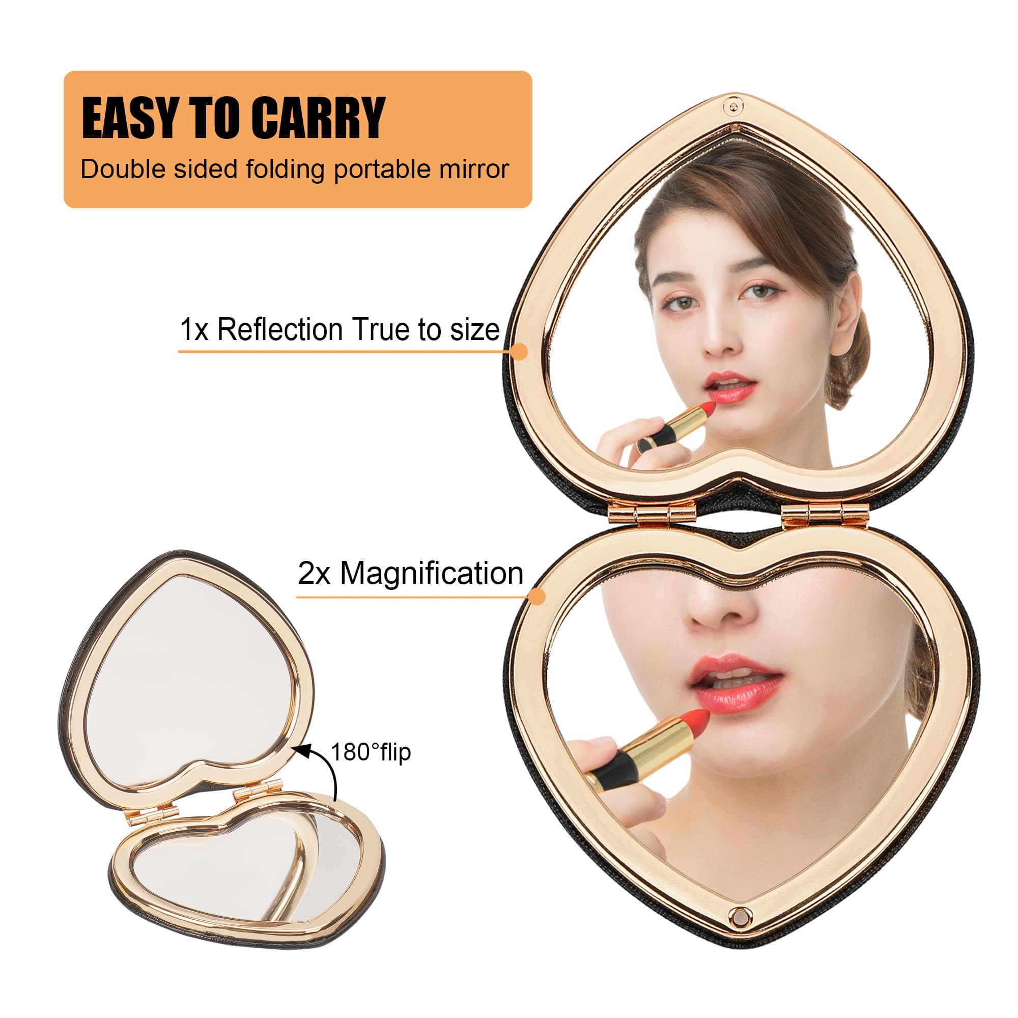 CAIRIAC Compact Mirrors, Leather Folding Travel Mirrors, Bee Double Sided Handheld Mirrors, Portable Heart Shaped Makeup Mirrors Gift for Girls Women Mothers - 3