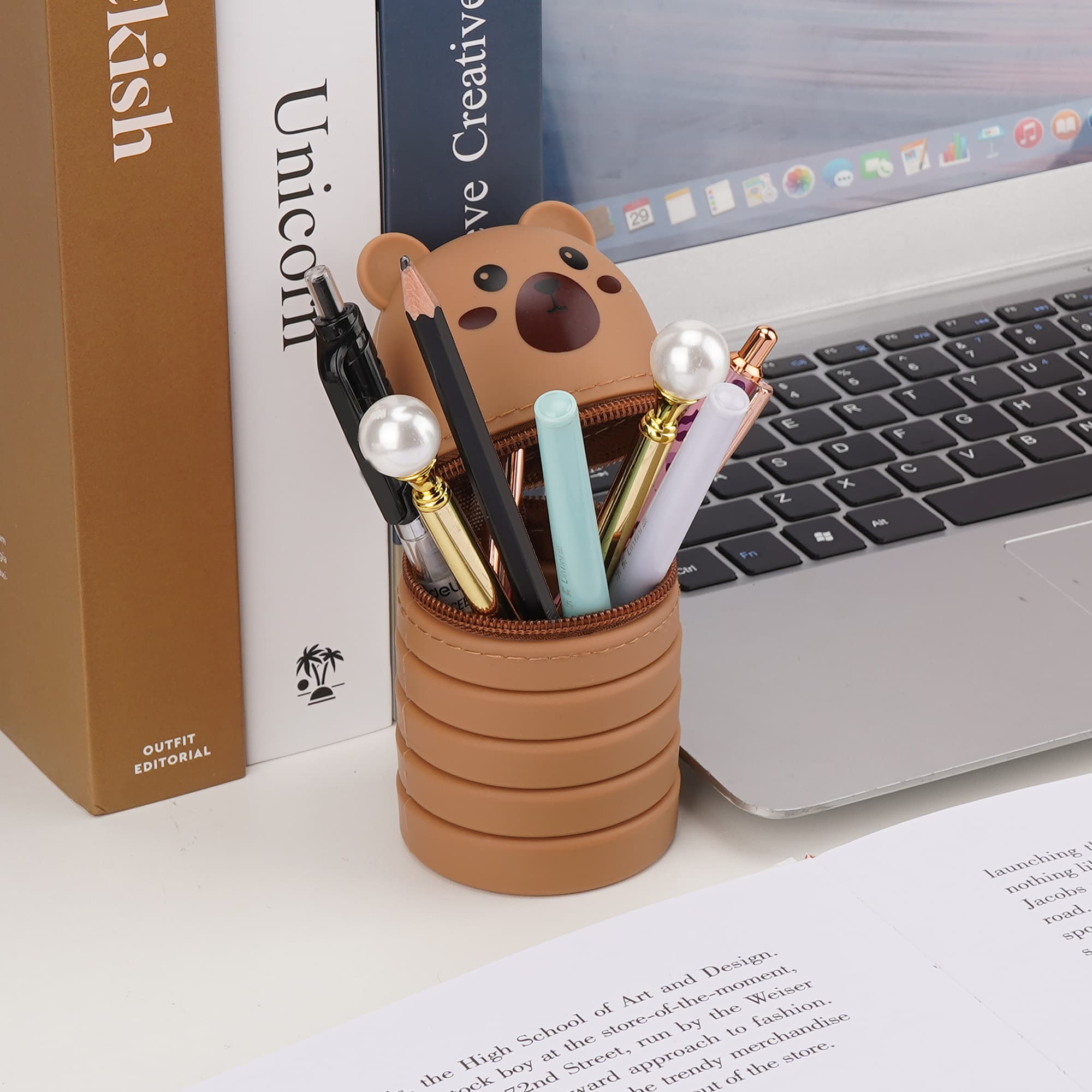 JANKOW Cartoon Silicone Foldable Pen Holder Bear Shape Cute Expandable Pencil Case, Creative Stationery Organizer Flexible Pen Holder (Brown) - 4