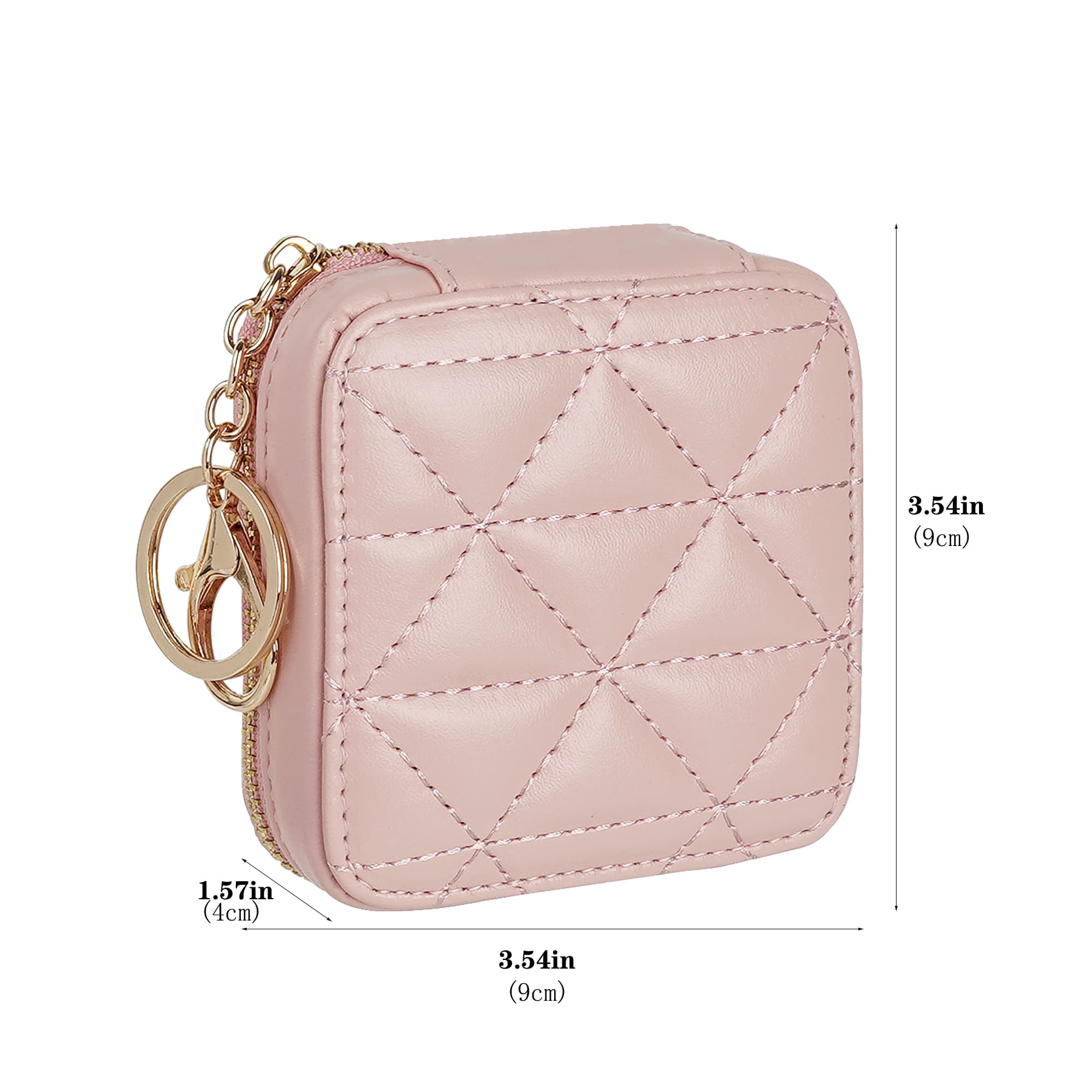 JANKOW Mini Cosmetic Pouch with Mirror, Pink PU Leather Quilted Travel Makeup Case with Keychain Clip, Compact Lipstick/Coins/Earbuds Holder – 1 Pack - 1