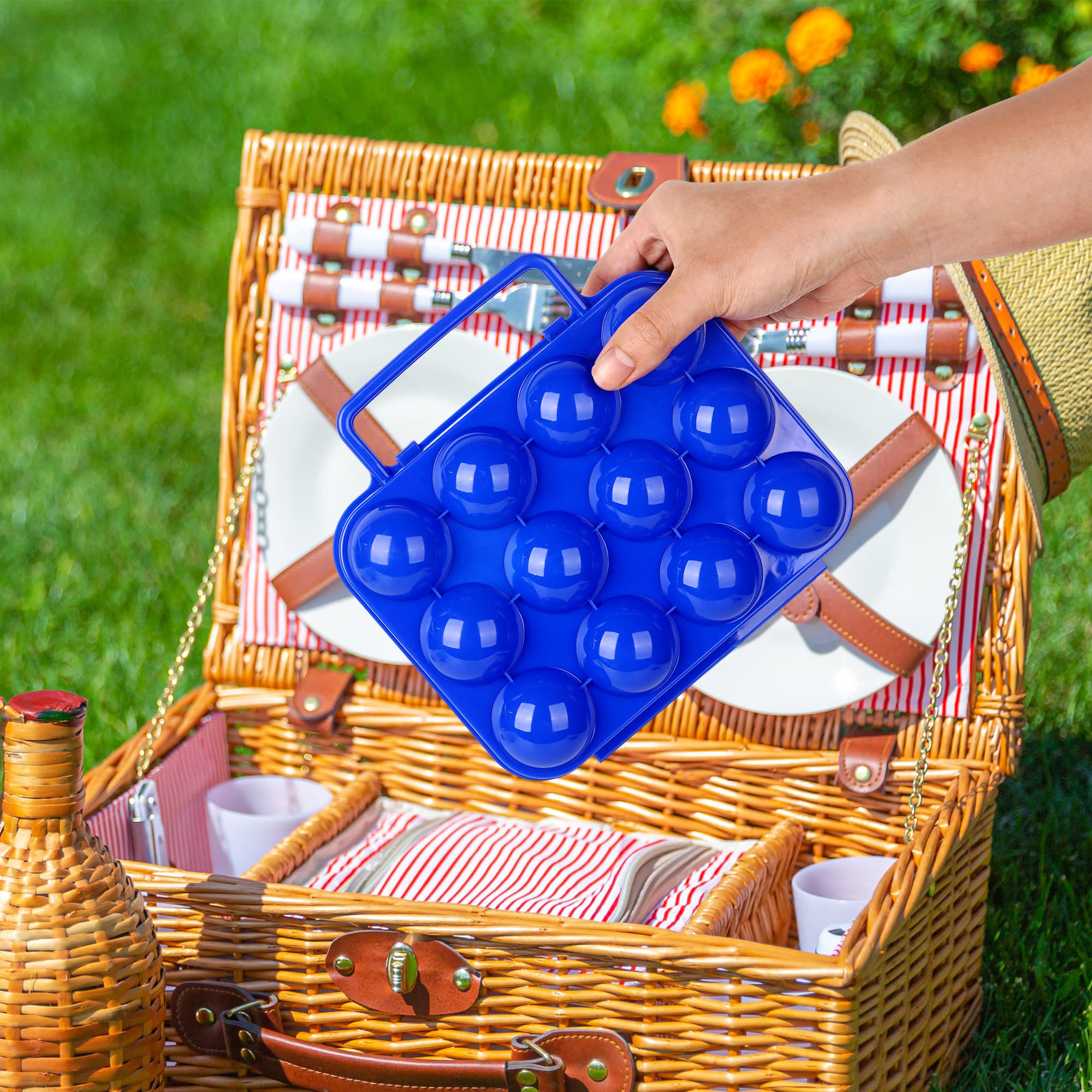 JANKOW 2 PCs Portable Egg Carton with Handle, 24 Grids Egg Camping Holder for Eggs, Portable Container for Travel, Outdoor Hiking, Picnic(Green and Blue) Gift: 2 x Flowers - 5