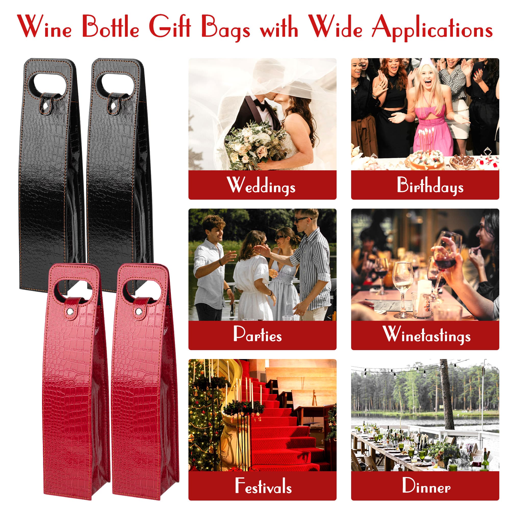 JANKINGS Gift Bags For Wine Bottles, Reusable Leather Wine Tote Carrier, Single Bottle Champagne Gift Bags Carrier for Birthday, Wedding, Party (4Pcs 2 Red+2 Black) - 4