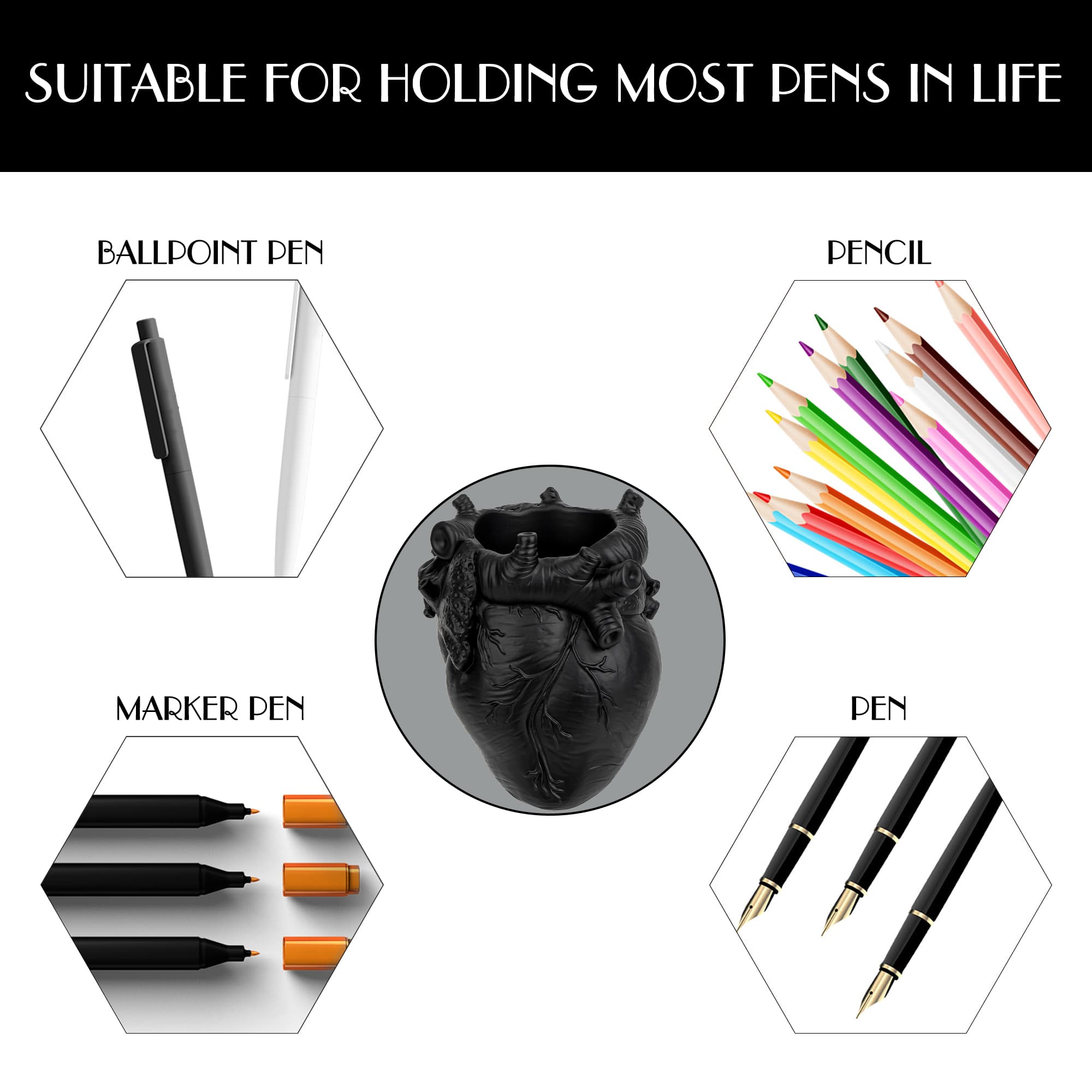 JANKOW Anatomical Heart Pencil Holder, Black Resin Organ-Shaped Pen Cup Desk Organizer, Realistic Human Heart Decor, Stable Base - 2