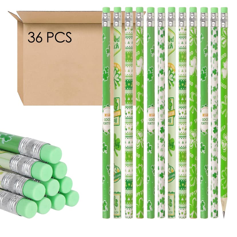 JANKOW St Patricks Day Green Pencils Bulk, Shamrock Theme Series Pencils,HB Wooden Pencil with Eraser, Good for Party Favors, Classroom Rewards, Irish Festive Celebrations ( 36 Pcs )
