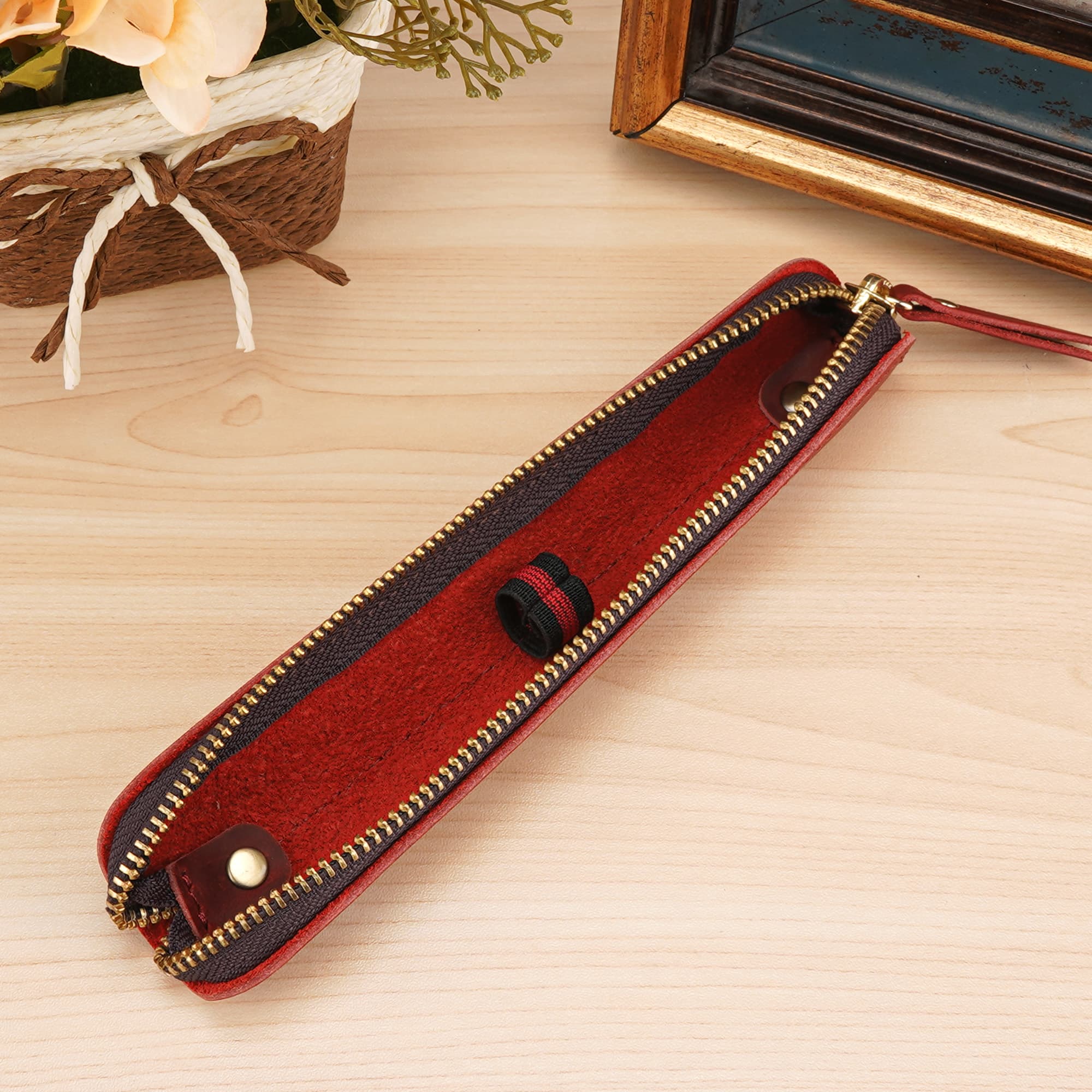JANKOW Crazy Horse Leather Pen Pouch Handmade, Single Pen Case Fountain Pen Sleeve Holder Pouch Cover Vintage (Wine Red) - 3