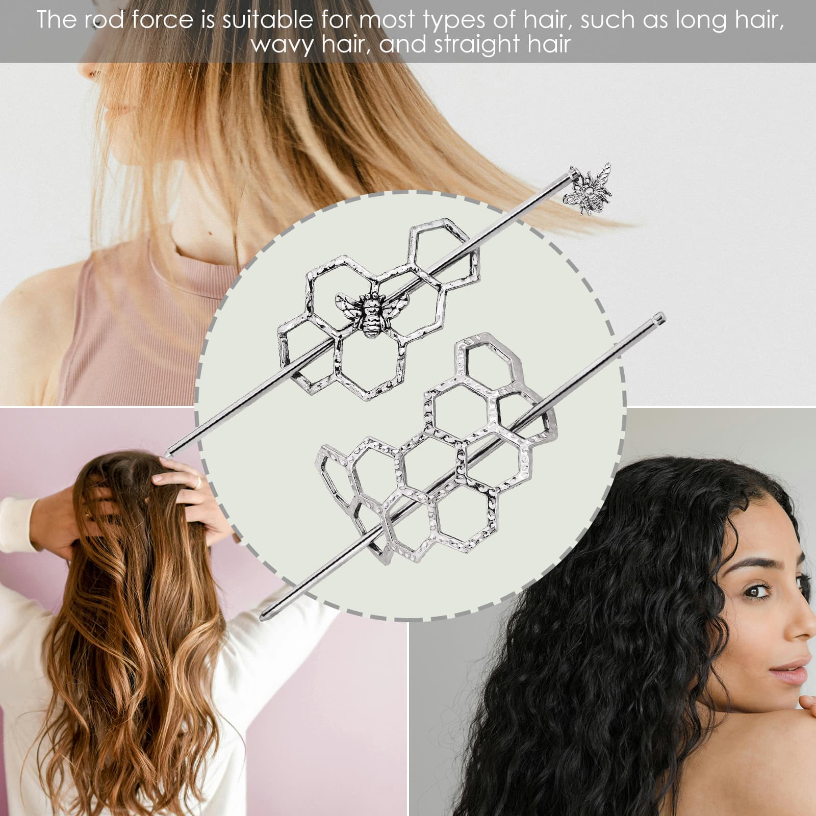CAIRIAC Honeycomb Hair Clips Slide Hairpins, Minimalist Bee Hair Pin Barrette with Stick, Bee Lovers Gift Metal Hair Slide with Stick, Creative Hair Accessories for Women Girls Gifts (Silver) - 6