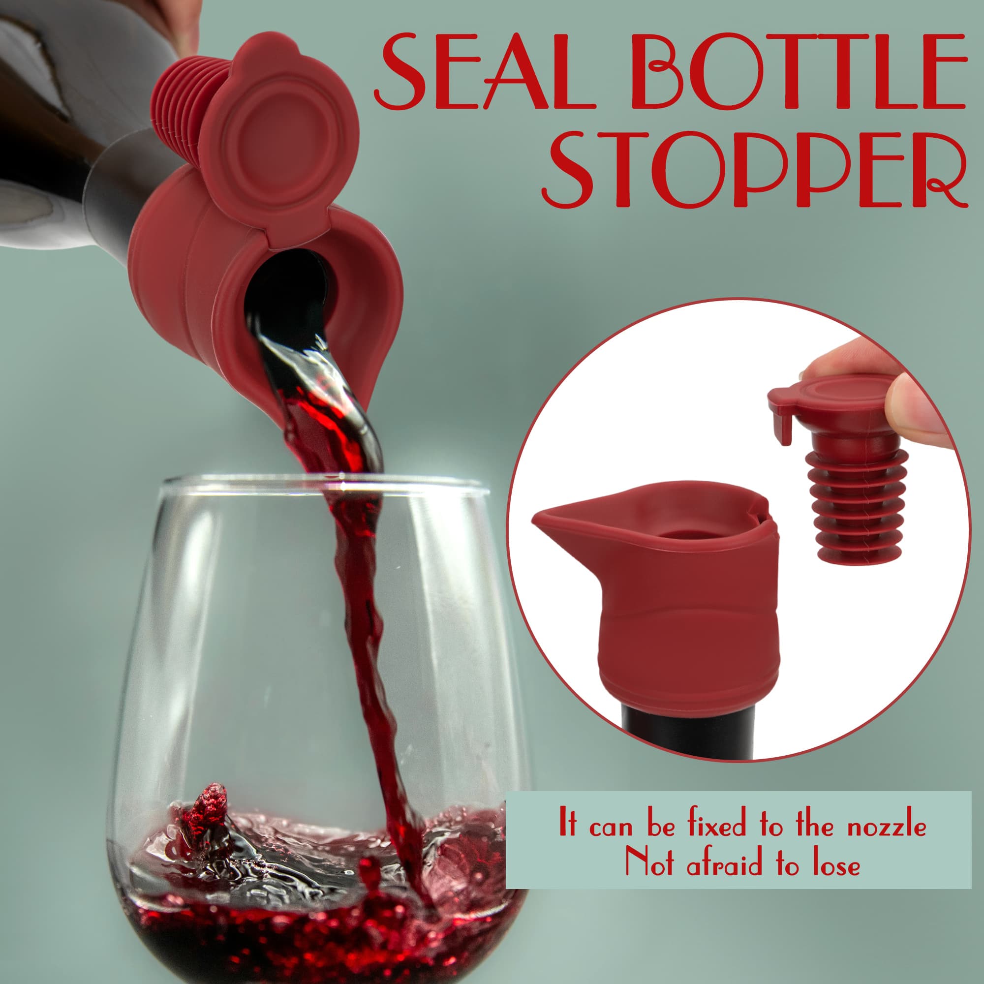 JANKINGS Wine Stopper And Pourer, Sealing Plug Can Be Fixed On The Flow Guide Nozzle for Preserve Freshness(3Pcs Red) - 2