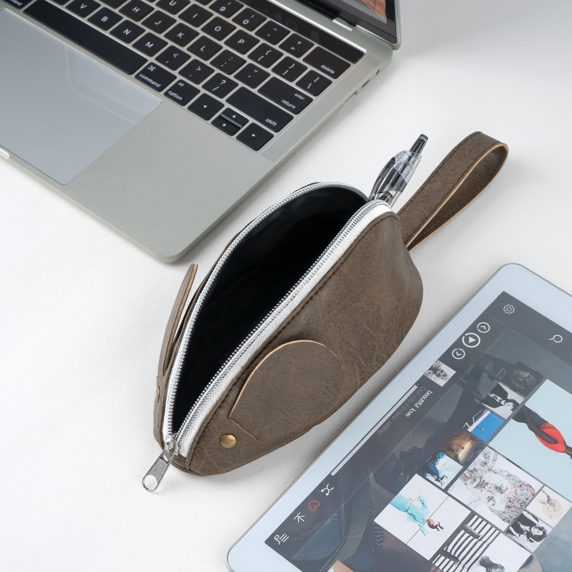 JANKINGS Custom Mouse Pencil Case, PU Leather Zipper Pen Pouch with Wrist Strap Tail, 1-Pack - 3