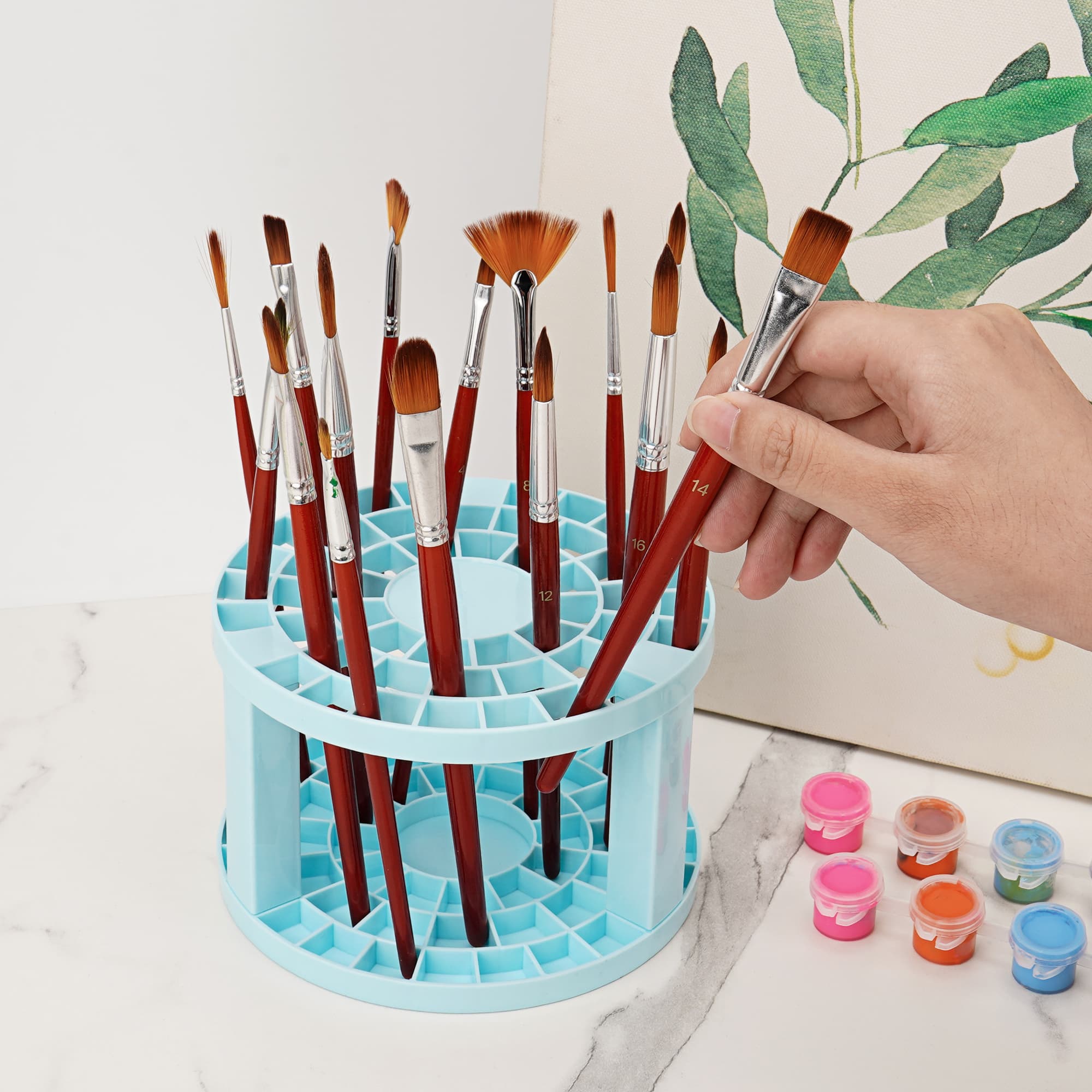 JANKOW Round 50 Hole Paint Brush Holder and Organizer, Makeup Cosmetic Brushes, Pencils, Pens, Markers, Art Tools, Desk Stand (Blue) - 4