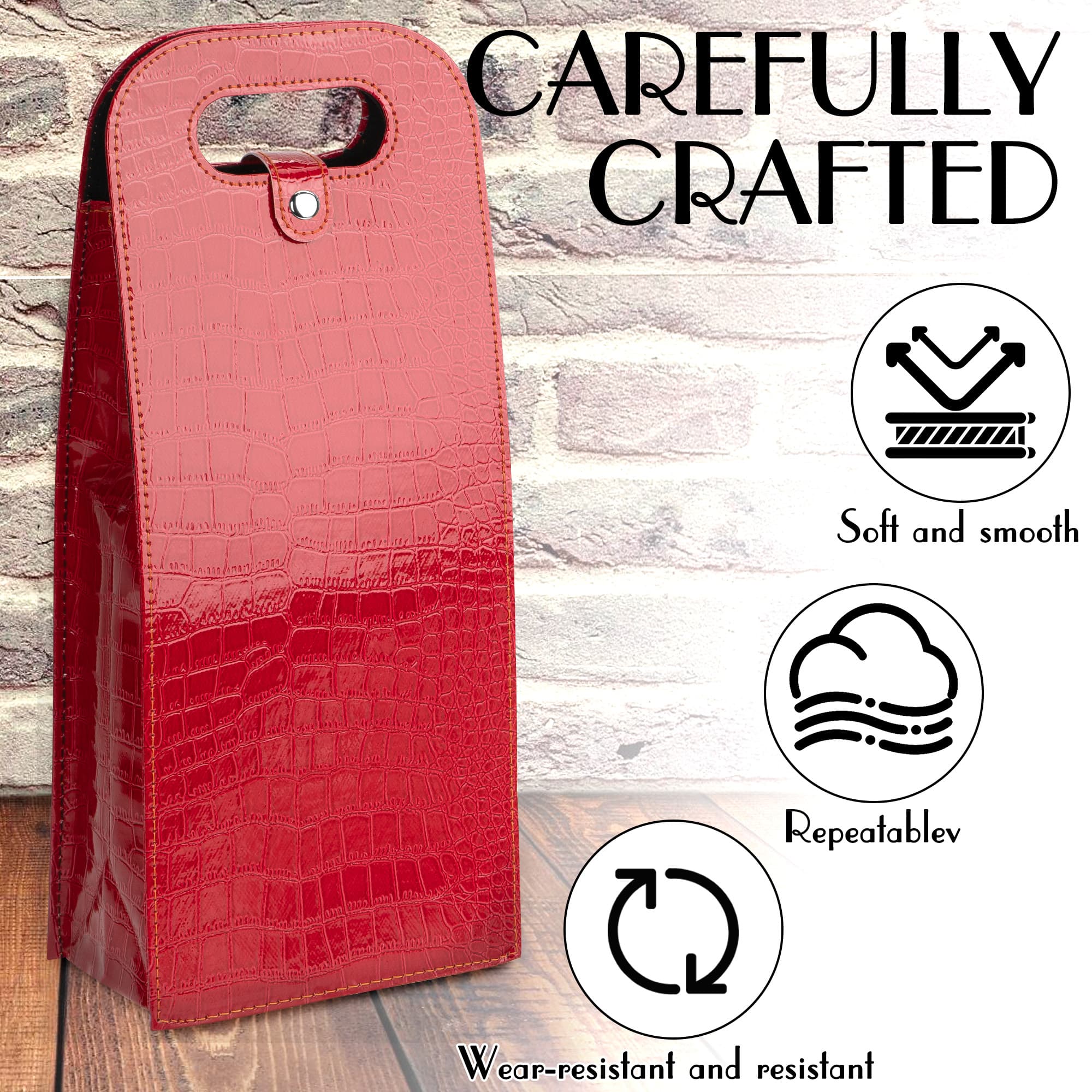 JANKINGS Double Wine Gift Bag, 2Pcs Reusable Leather Wine Tote Carrier, Champagne Gift Bags Carrier for Birthday, Wedding, Party (1 Red+1 Black) - 4