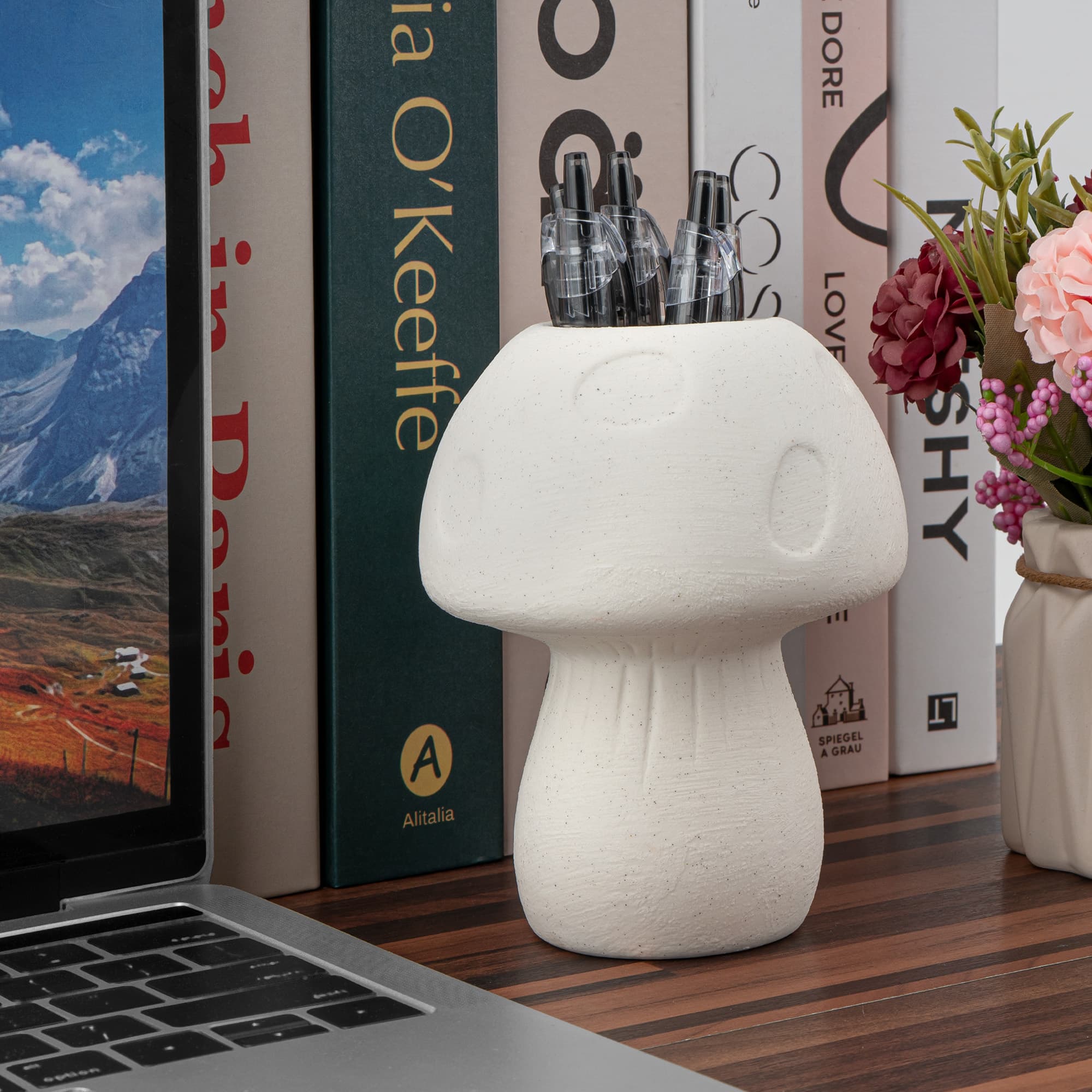JANKINGS Mushroom Ceramic Pencil Holder, Speckled White Pen Cup for Desk, Cute Mushroom Decor Organizer for Office Home, 1 Pack - 3