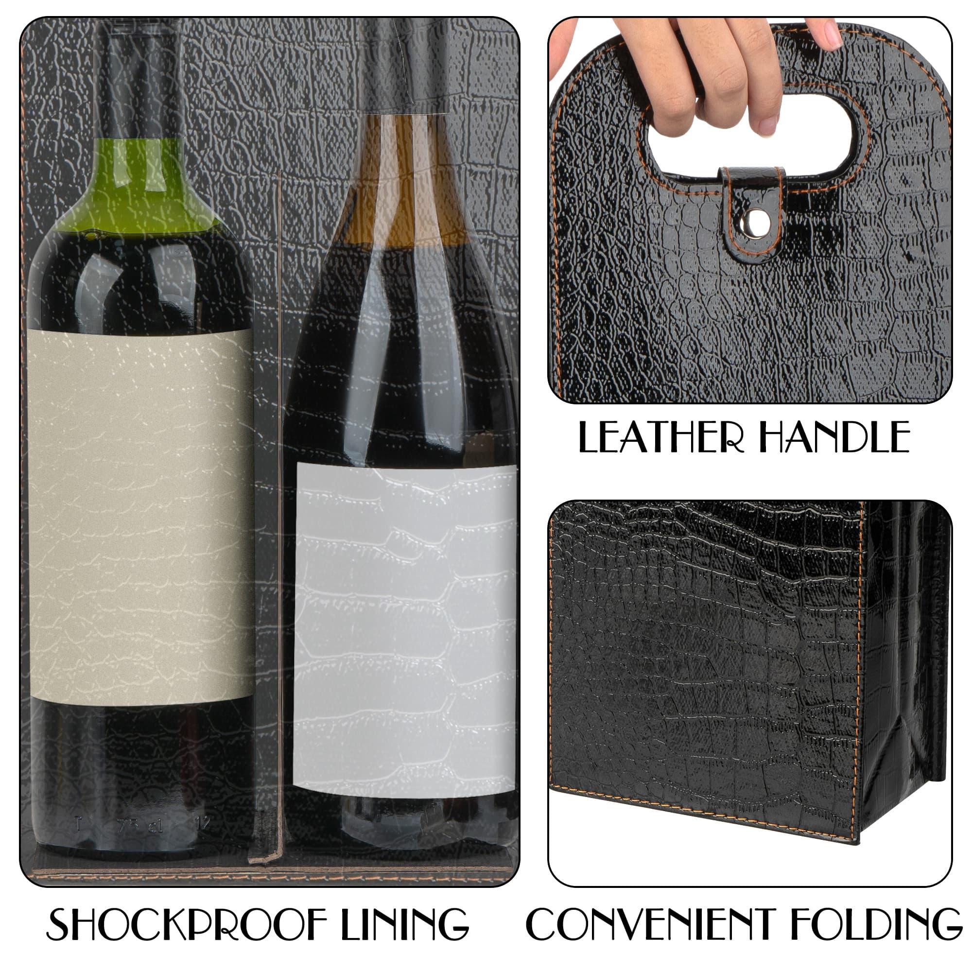 JANKINGS Double Wine Gift Bag, 2Pcs Reusable Leather Wine Tote Carrier, Champagne Gift Bags Carrier for Birthday, Wedding, Party (1 Red+1 Black) - 2