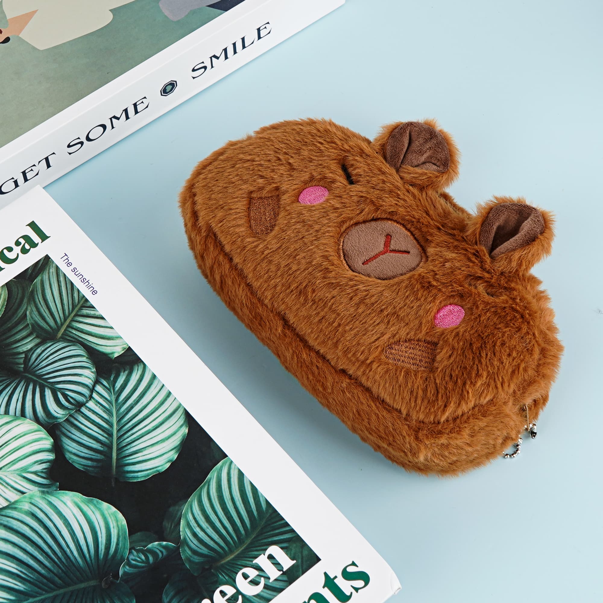 JANKOW Cute Capybara Plush Pencil Case with Blushing Cheeks, Brown Furry Zipper Pen Pouch, Kawaii Stationery Bag for Office, Large Capacity, 1-Pack - 3
