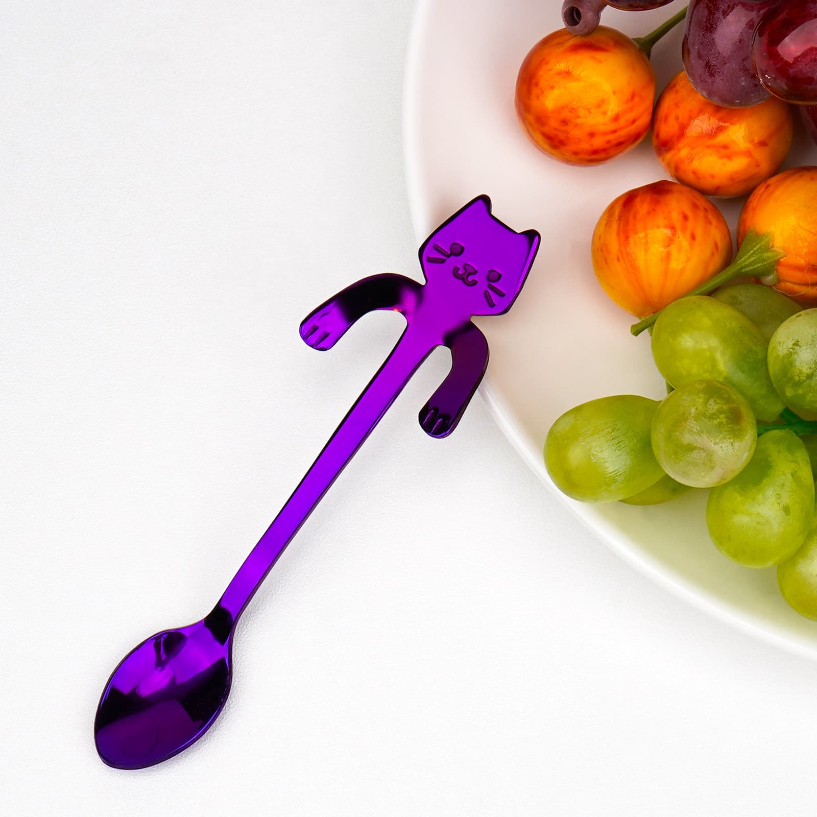 JANKOW 4PCs Cat Spoon Coffee Teaspoon, Stainless Steel Hanging Cup Tea Spoon, Dessert Scoop for Stirring Drink, Mixing Milkshake Jam, Set of 4 (Purple) for Tea, Coffee, Dessert, Sugar, Ice Cream - 2