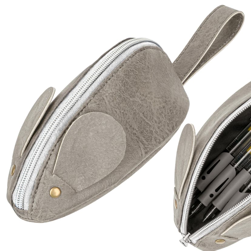 JANKINGS Custom Mouse Pencil Case, PU Leather Zipper Pen Pouch with Wrist Strap Tail, Gray, 1-Pack